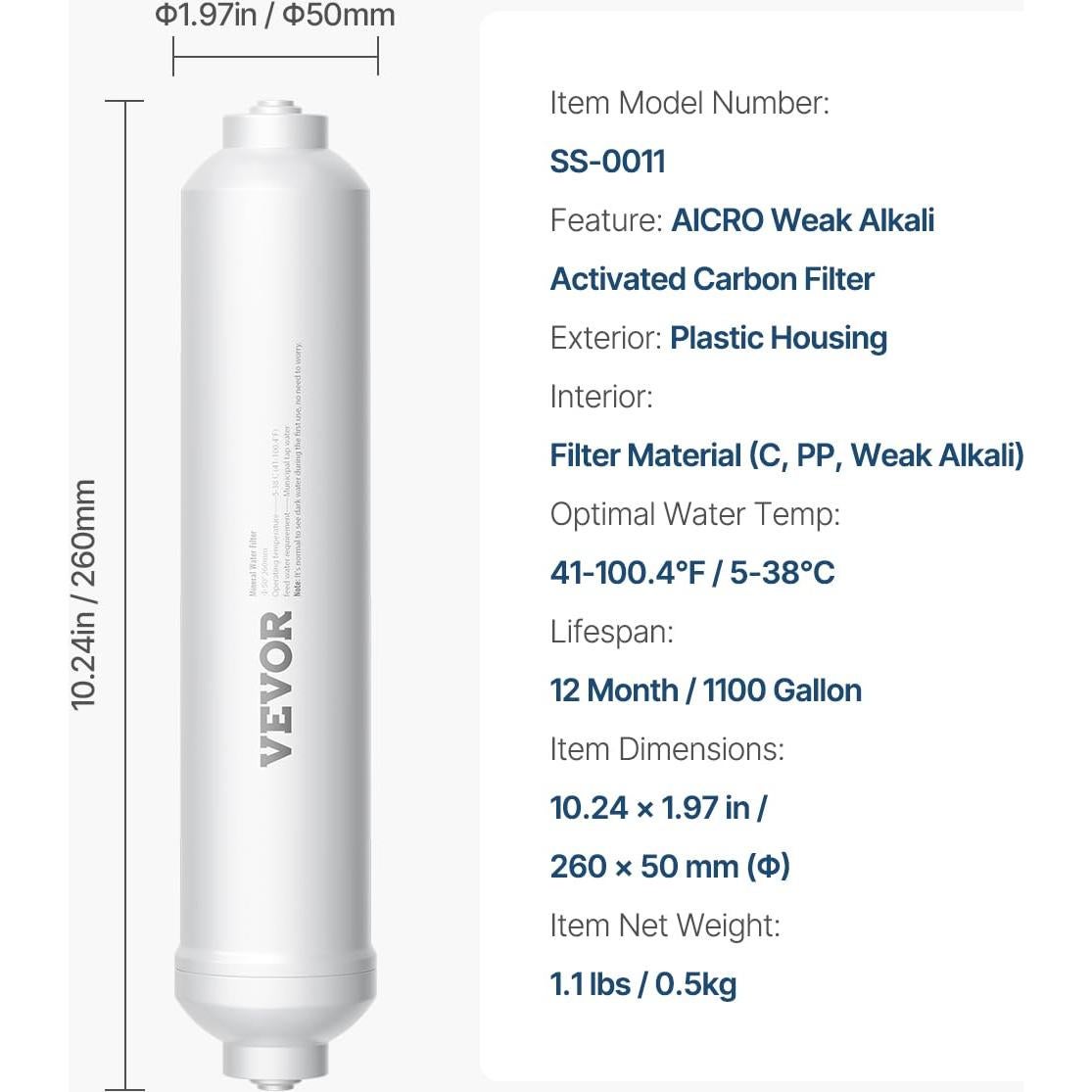 Filtro de Agua Alcalina VEVOR 26cm, Reemplazo RO 1/4" Conexión