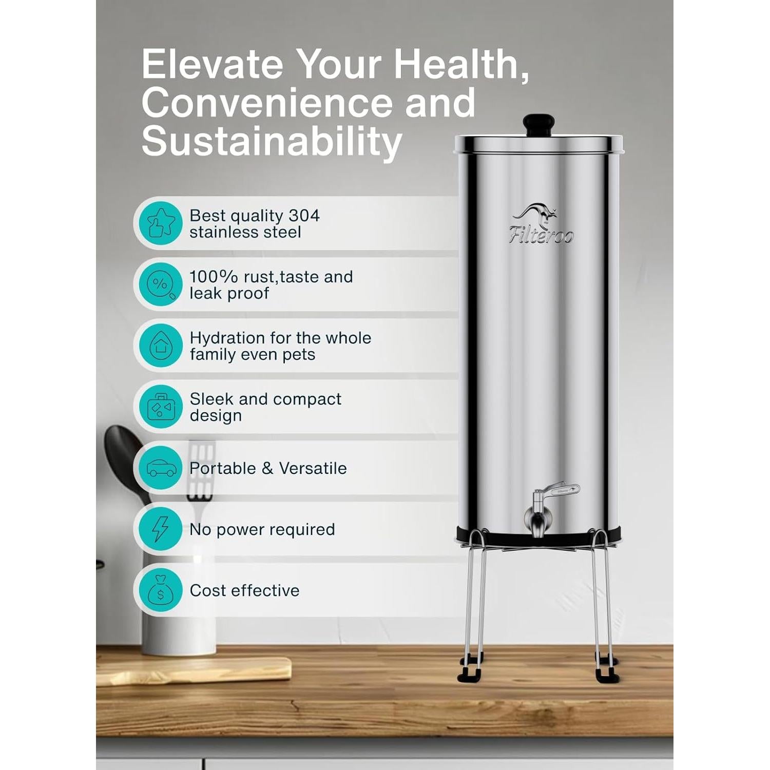 Filtro de Agua por Gravedad Filteroo 12L Acero Inoxidable 304