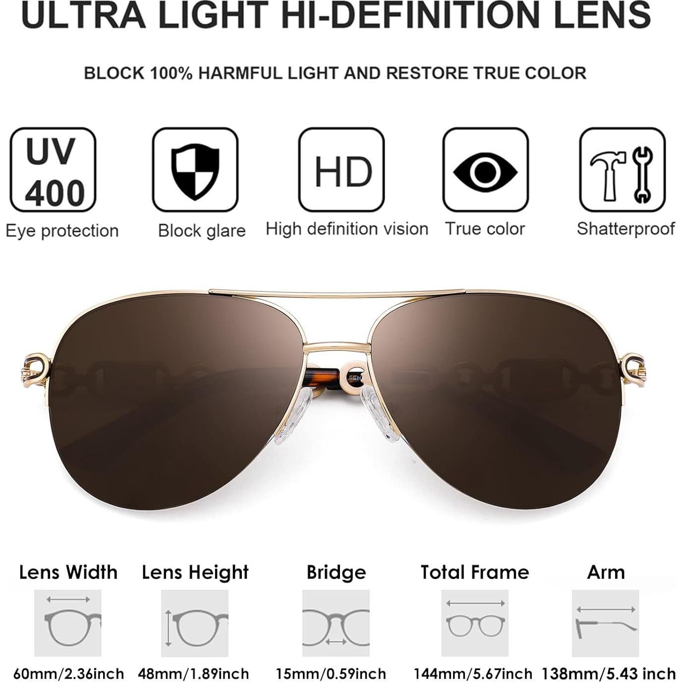 Gafas de sol aviador para mujeres UV 400 marco metal dorado