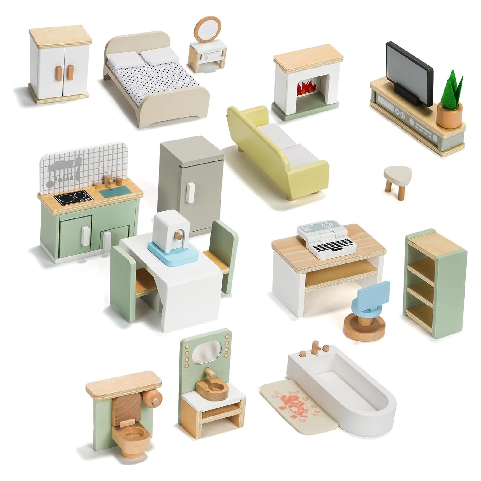 Juego de Muebles de Casa de Muñecas GSERIN 23 PCS Madera