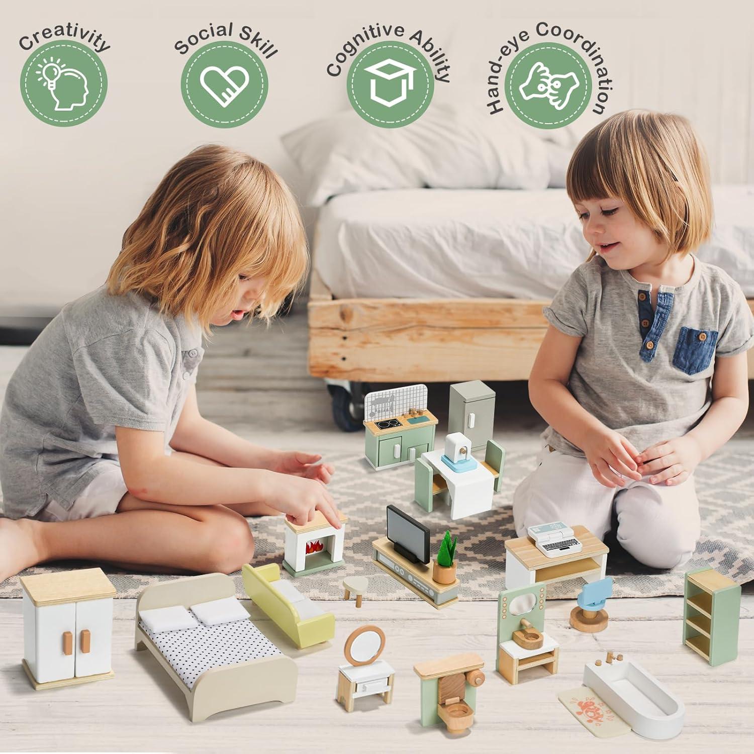 Juego de Muebles de Casa de Muñecas GSERIN 23 PCS Madera