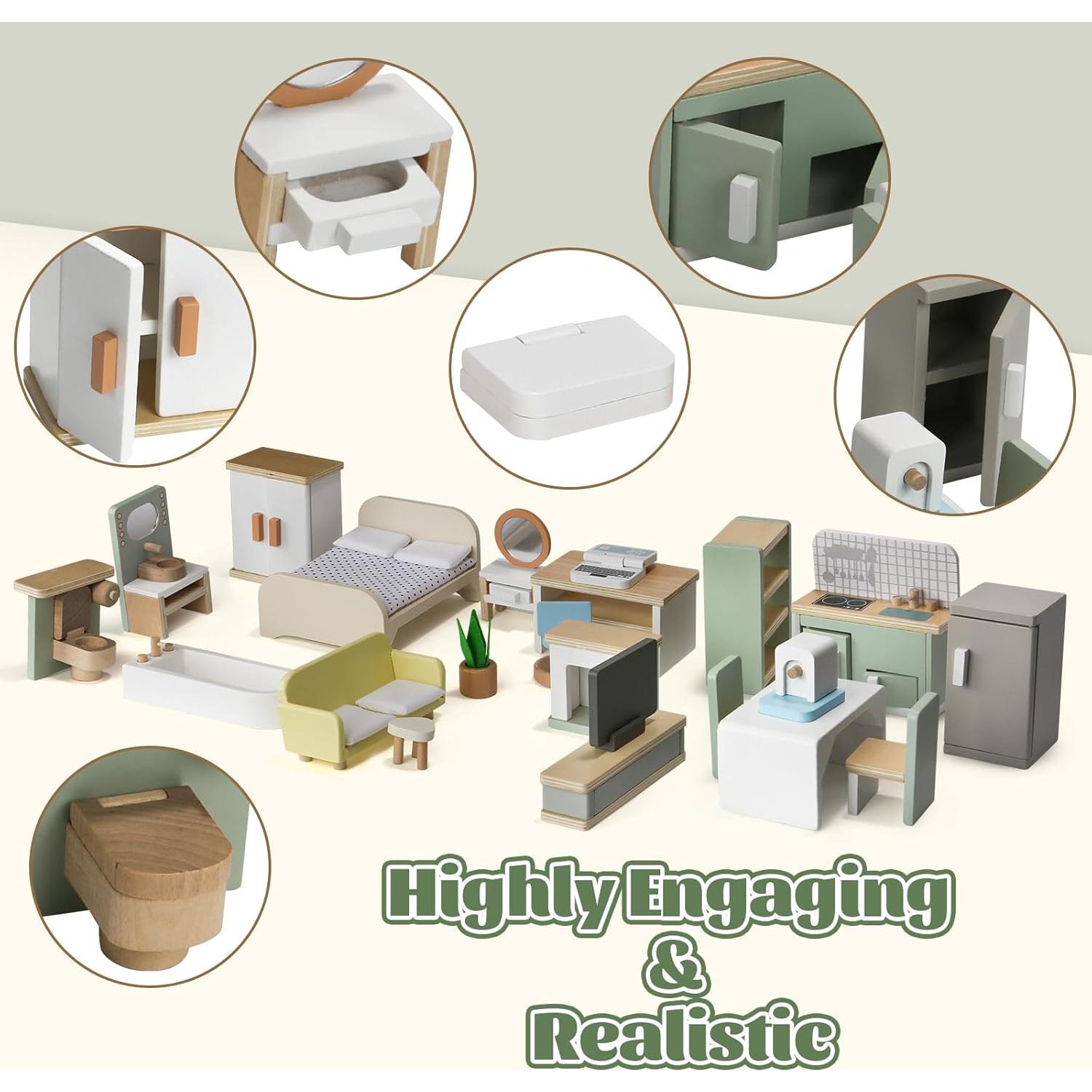 Juego de Muebles de Casa de Muñecas GSERIN 23 PCS Madera