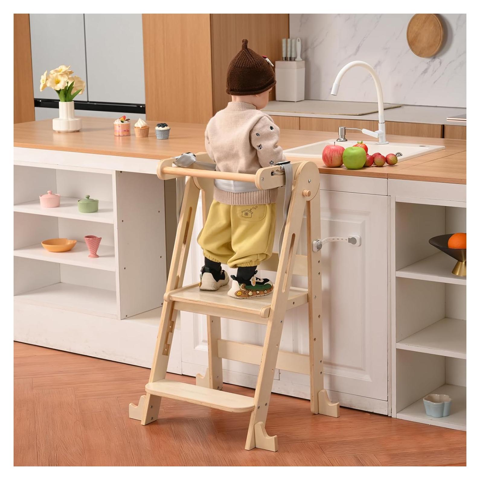 Escalera Plegable para Niños JPMKPD - Madera Natural, 2 Escalones