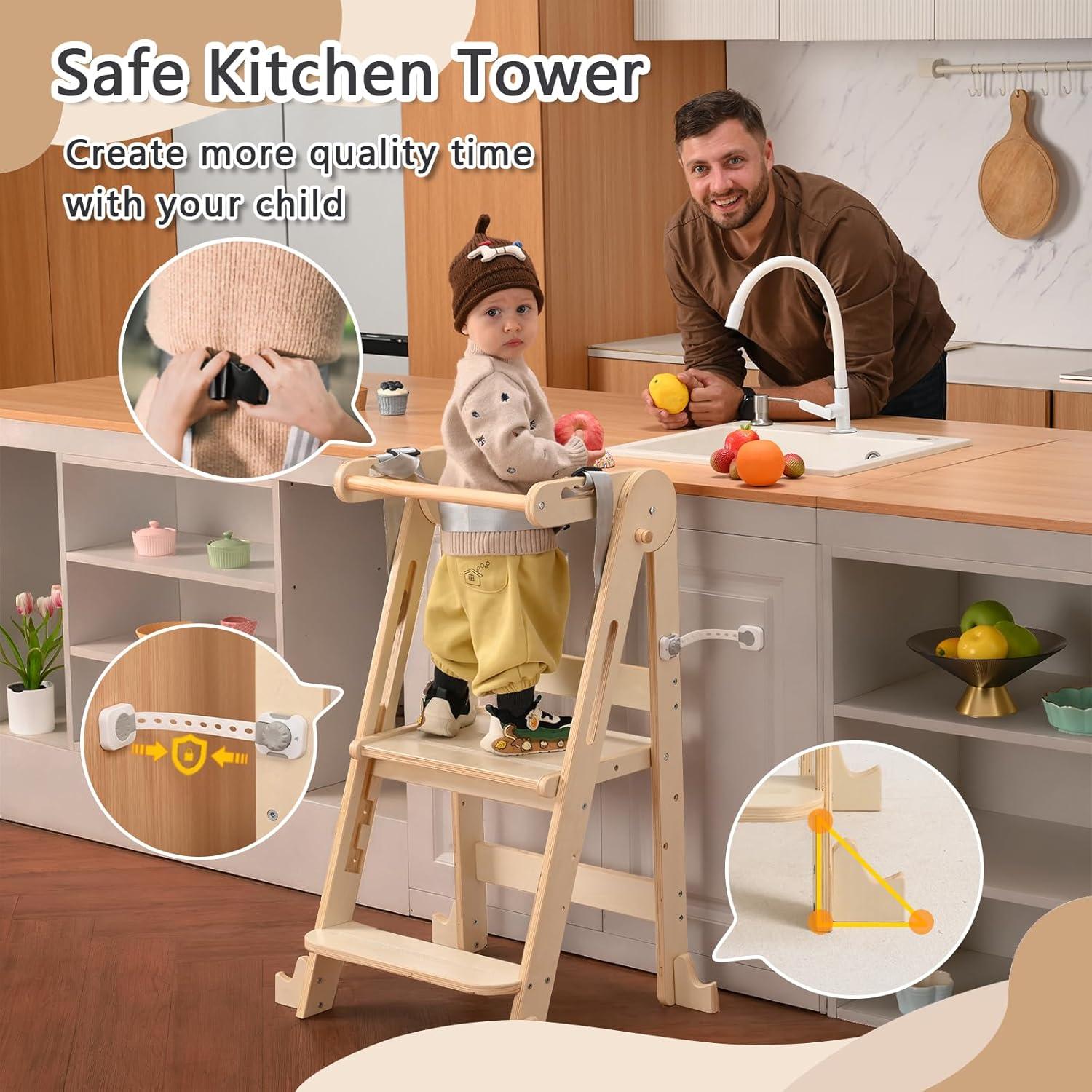 Escalera Plegable para Niños JPMKPD - Madera Natural, 2 Escalones