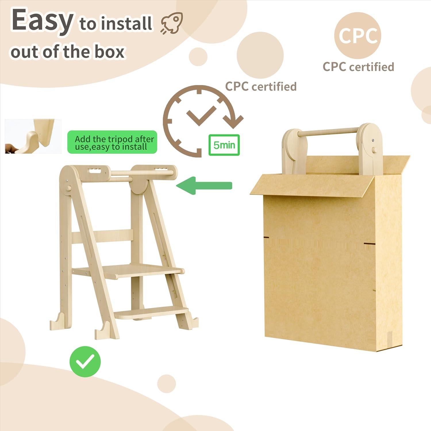 Escalera Plegable para Niños JPMKPD - Madera Natural, 2 Escalones