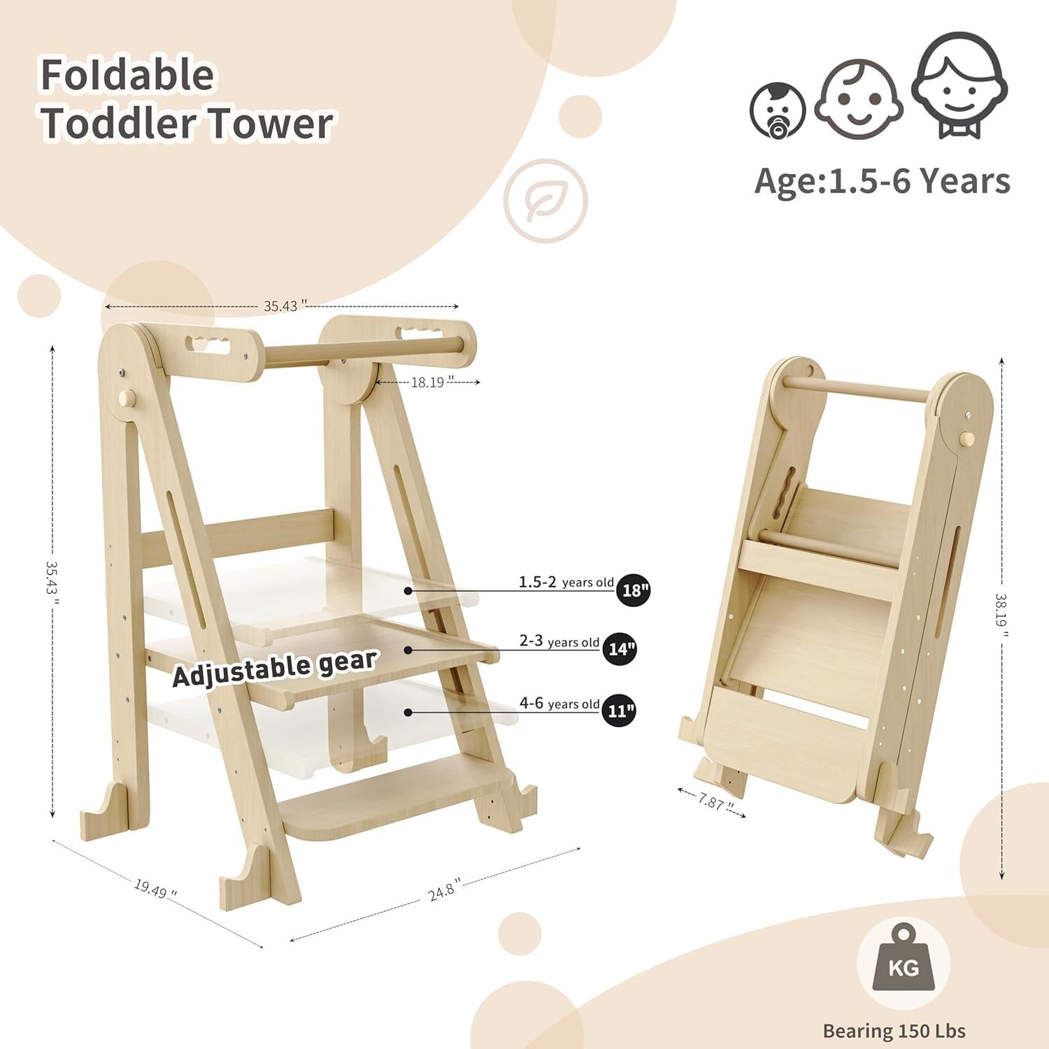 Escalera Plegable para Niños JPMKPD - Madera Natural, 2 Escalones