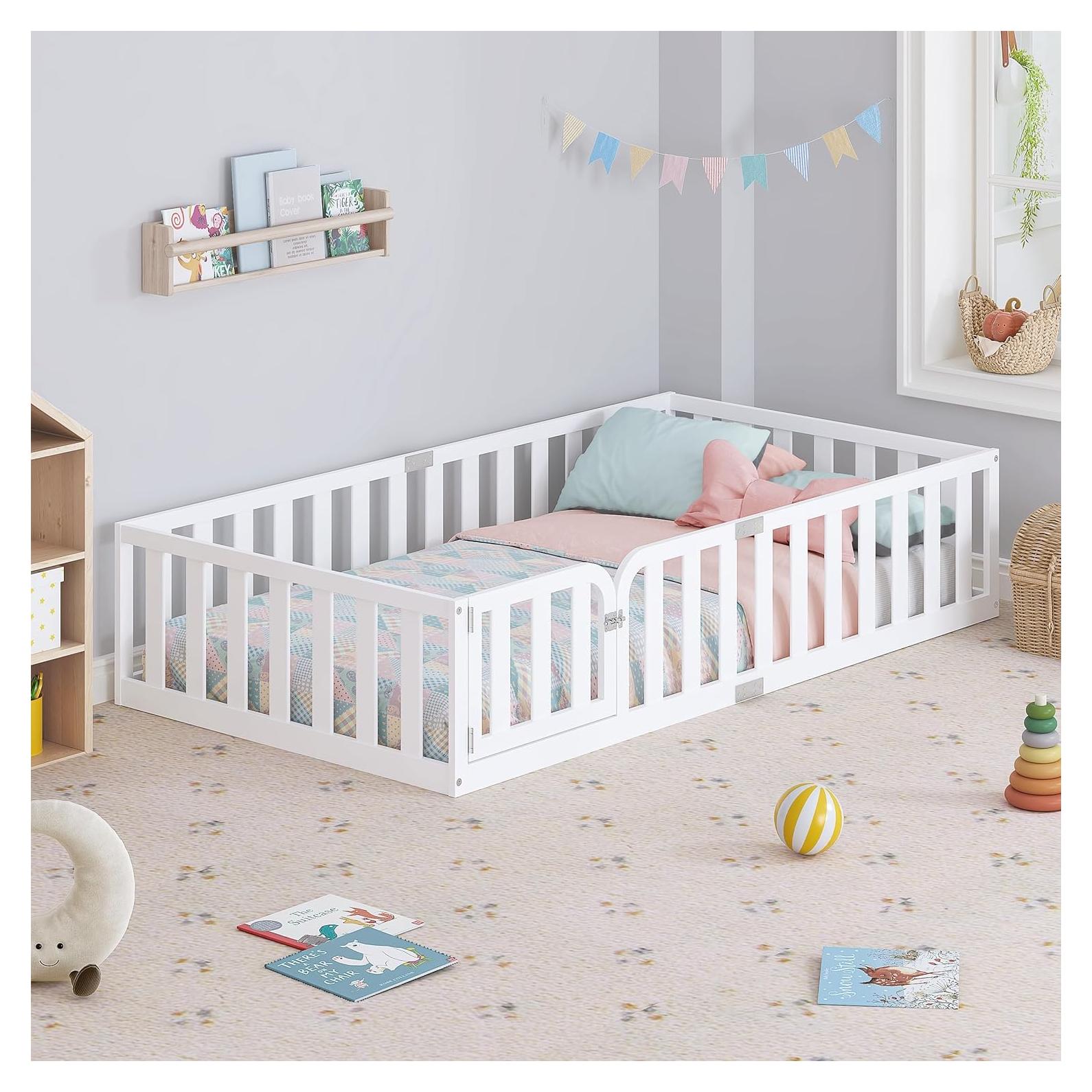 Marco de Cama Twin Spirich Montessori de Madera Blanca con Cerca