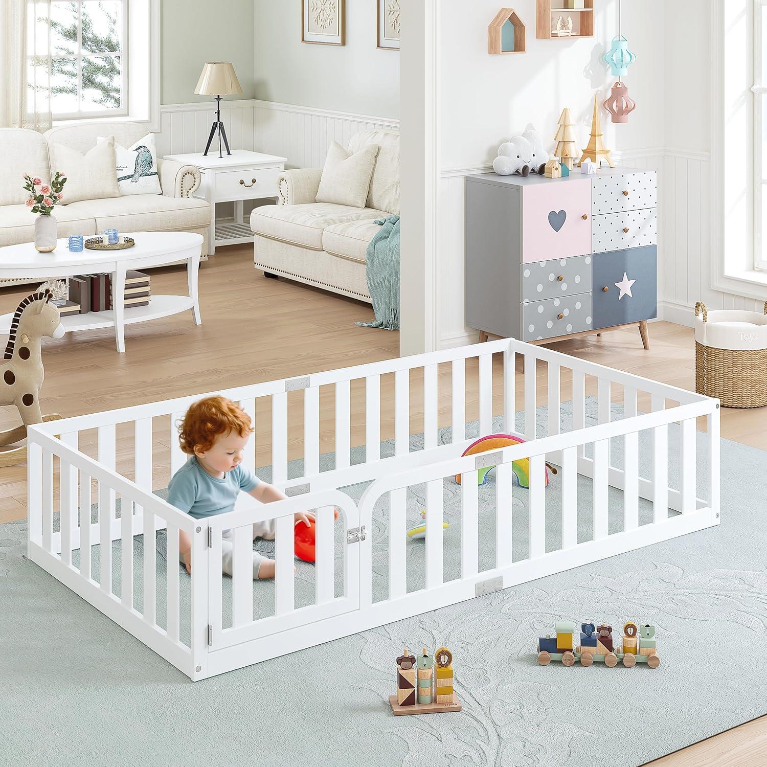 Marco de Cama Twin Spirich Montessori de Madera Blanca con Cerca