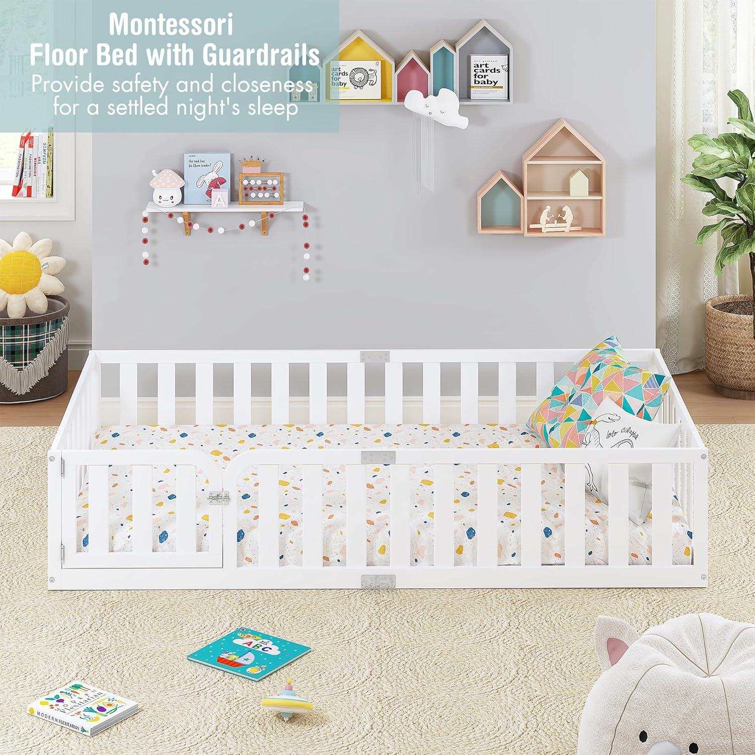 Marco de Cama Twin Spirich Montessori de Madera Blanca con Cerca