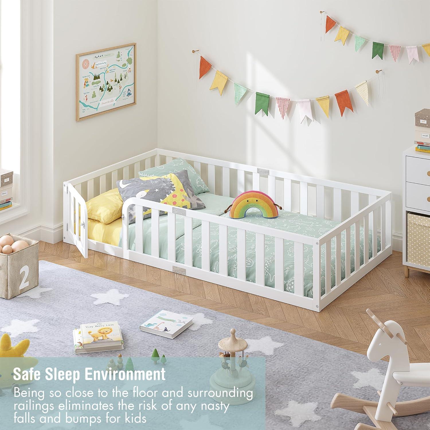 Marco de Cama Twin Spirich Montessori de Madera Blanca con Cerca