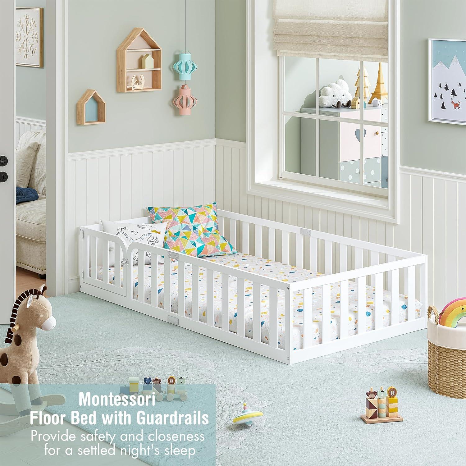 Marco de Cama Twin Spirich Montessori de Madera Blanca con Cerca