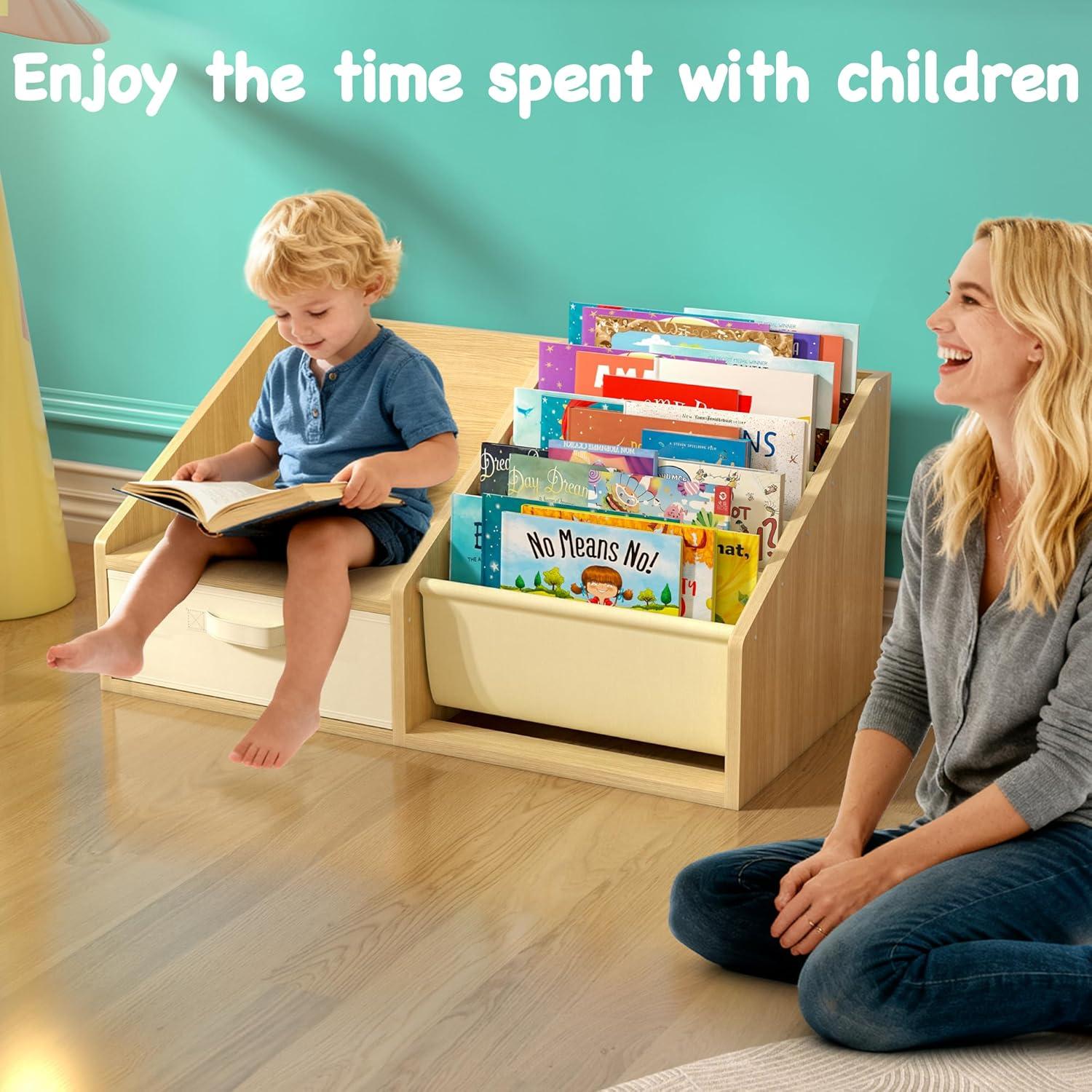 Estantería Montessori FKWin para Niños con Asiento - Librero de Madera 5 Niveles