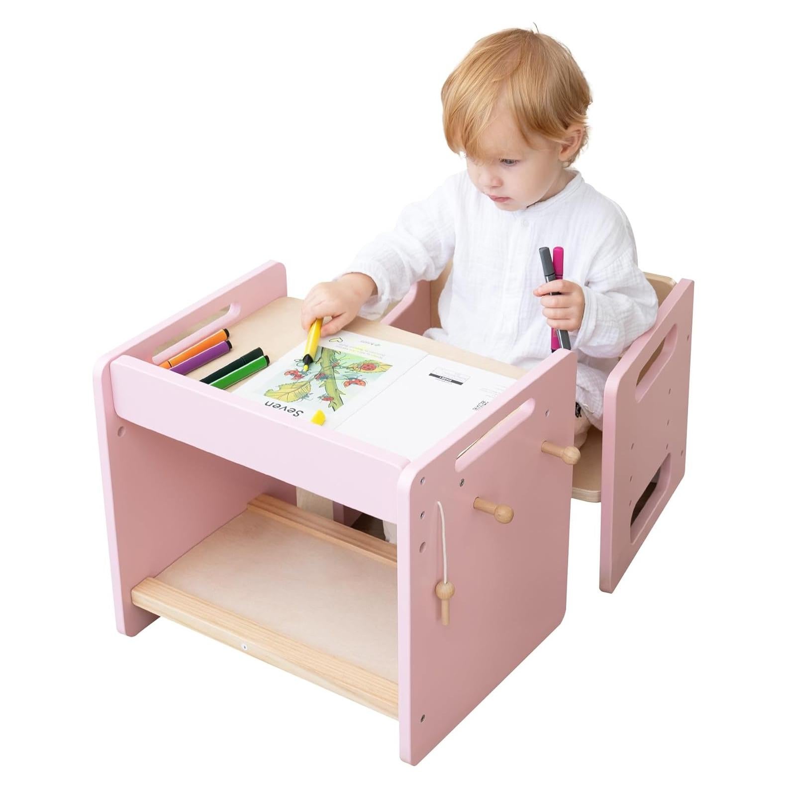 Mesa y Silla Montessori Rosa Ajustable para Niños Pequeños