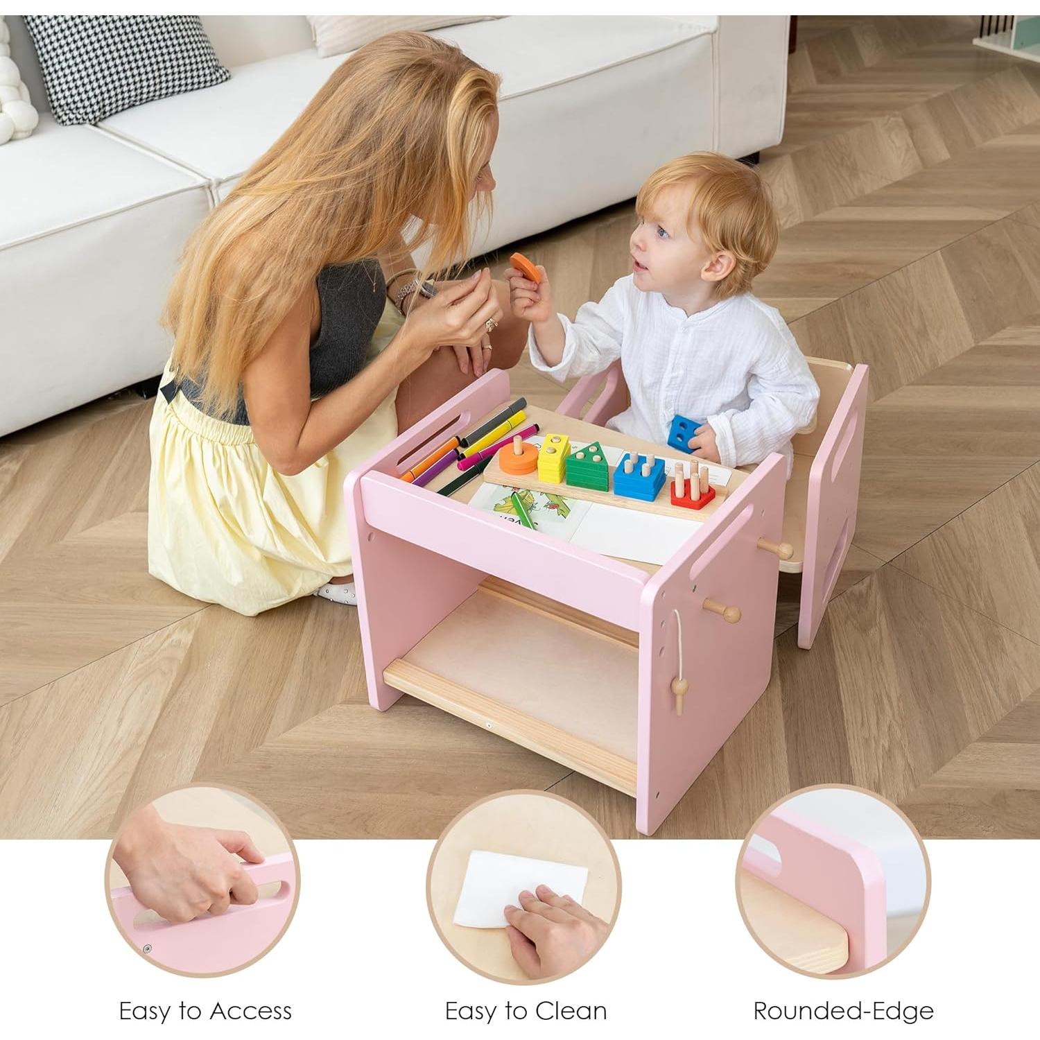 Mesa y Silla Montessori Rosa Ajustable para Niños Pequeños