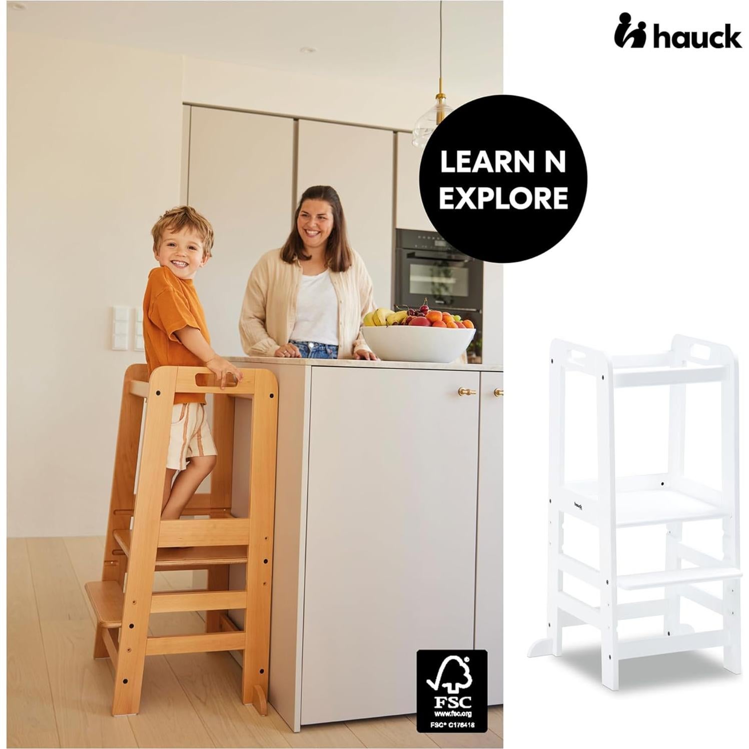 Torre de Aprendizaje Montessori Hauck Learn N Explore, Madera Ajustable, Blanco