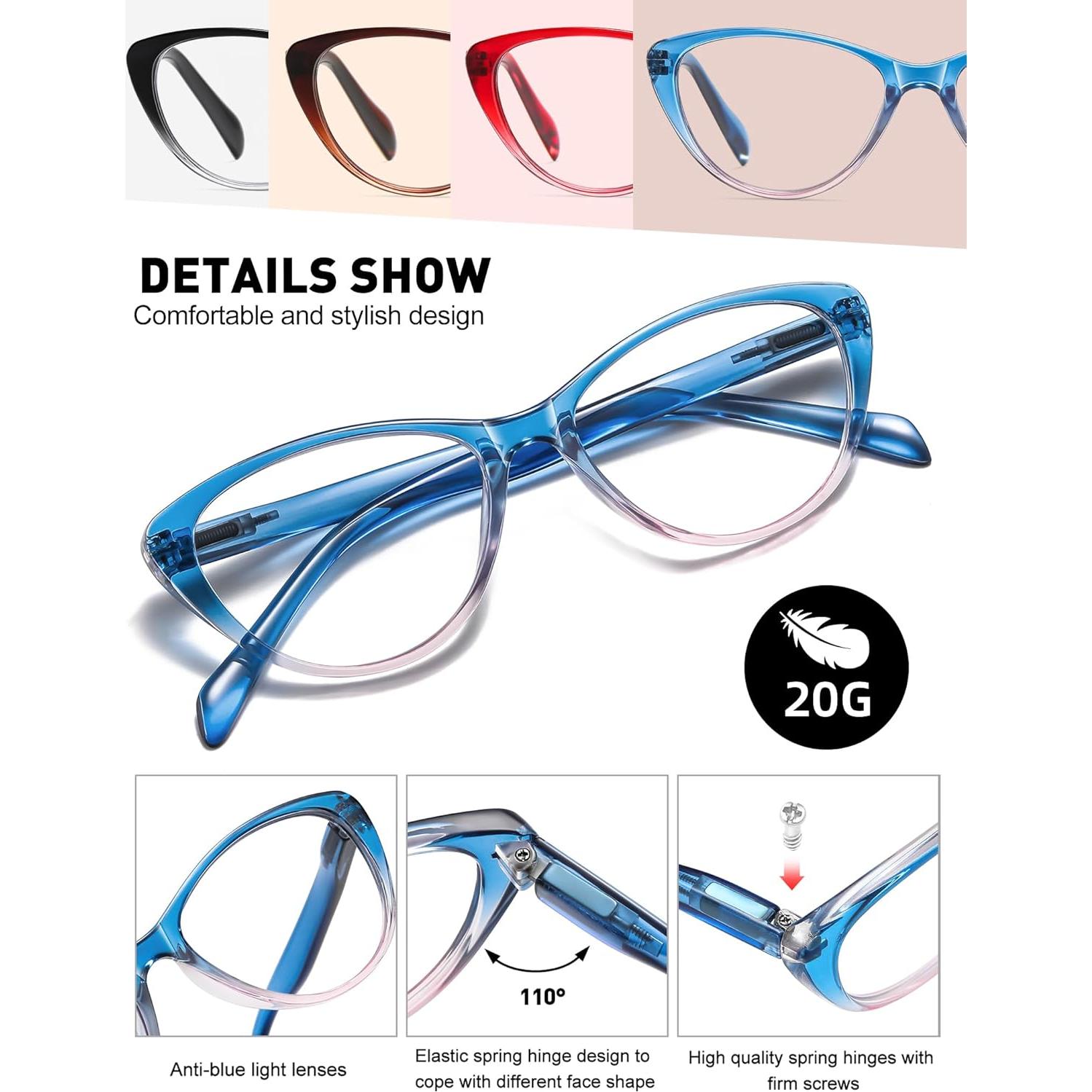 Cat Eye Reading Glasses for Women Blue Light Blocking,Readers for Women 2.0 with Comfort Spring Hinges,Fashion Designer Ladies Eyeglasses(4 pack)