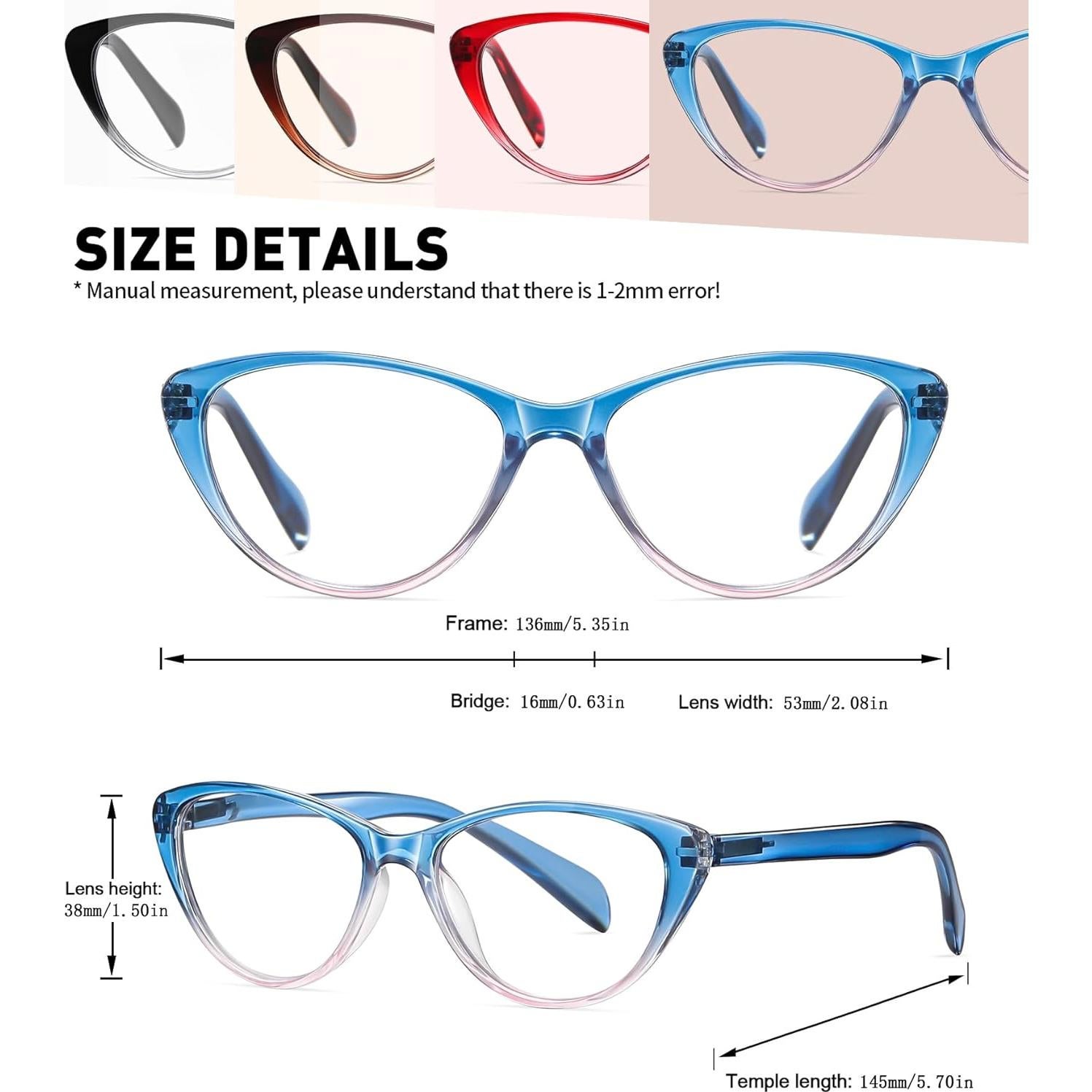 Cat Eye Reading Glasses for Women Blue Light Blocking,Readers for Women 2.0 with Comfort Spring Hinges,Fashion Designer Ladies Eyeglasses(4 pack)