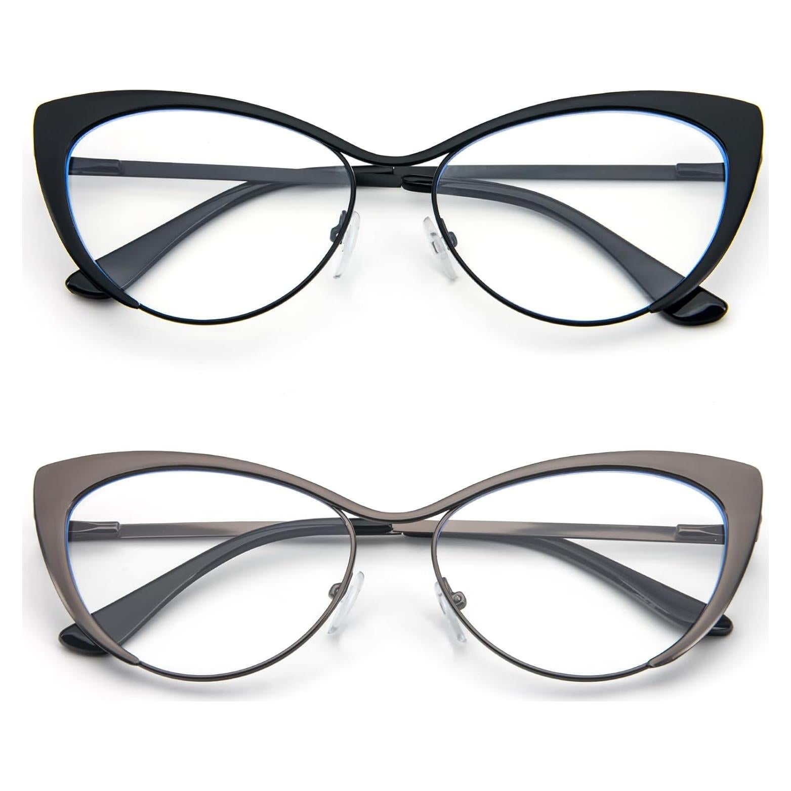 KoKoBin Cat Eye Reading Glasses - 2 Pairs Metal Frame Glasses Spring Hinge Readers with Leather Pouch for Men and Women