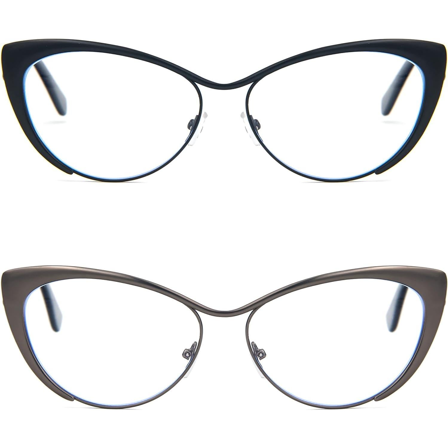 KoKoBin Cat Eye Reading Glasses - 2 Pairs Metal Frame Glasses Spring Hinge Readers with Leather Pouch for Men and Women