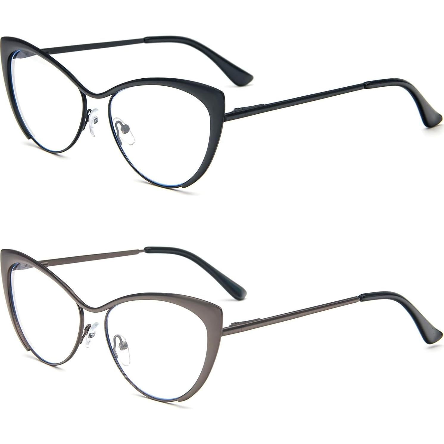 KoKoBin Cat Eye Reading Glasses - 2 Pairs Metal Frame Glasses Spring Hinge Readers with Leather Pouch for Men and Women