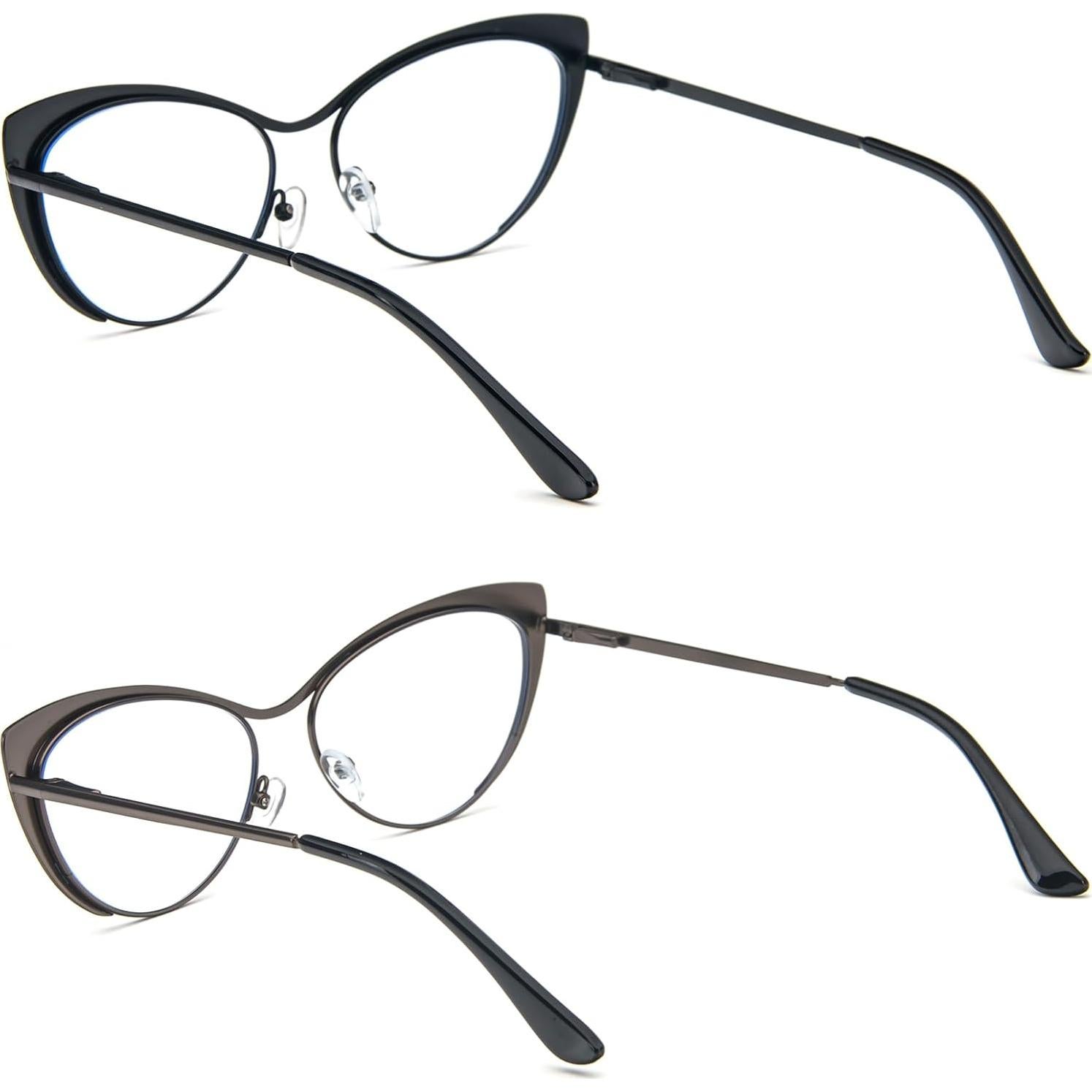 KoKoBin Cat Eye Reading Glasses - 2 Pairs Metal Frame Glasses Spring Hinge Readers with Leather Pouch for Men and Women