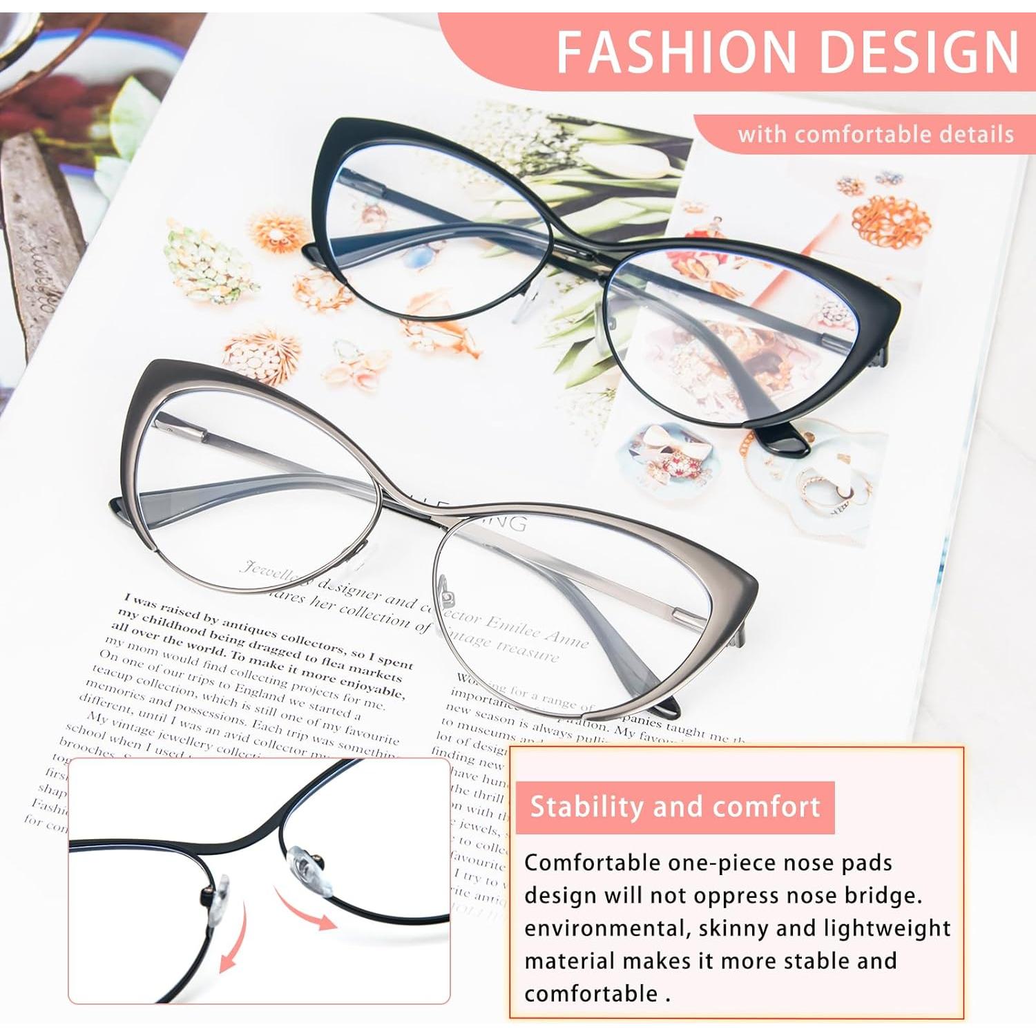 KoKoBin Cat Eye Reading Glasses - 2 Pairs Metal Frame Glasses Spring Hinge Readers with Leather Pouch for Men and Women