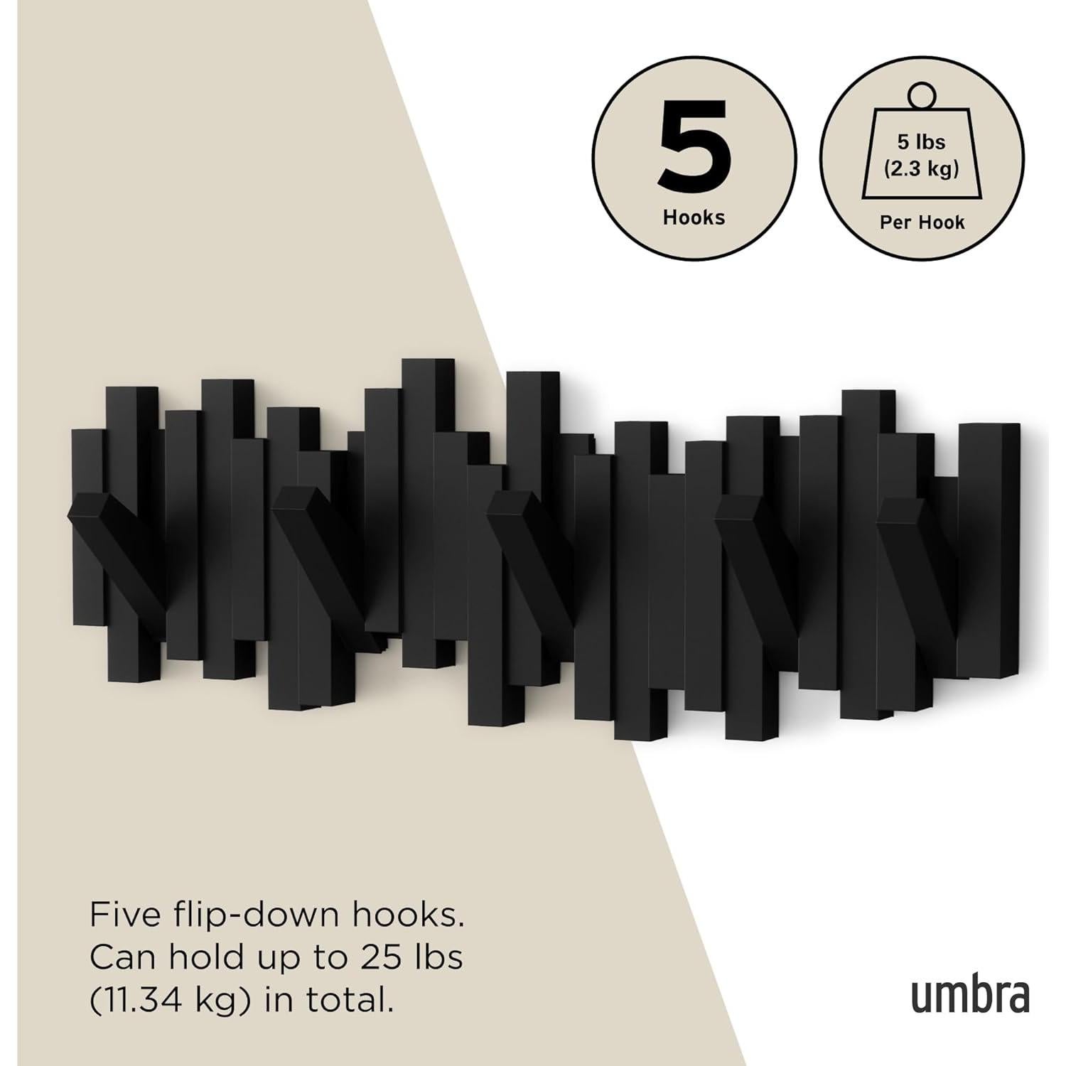 Perchero de pared Umbra Sticks negro con 5 ganchos abatibles