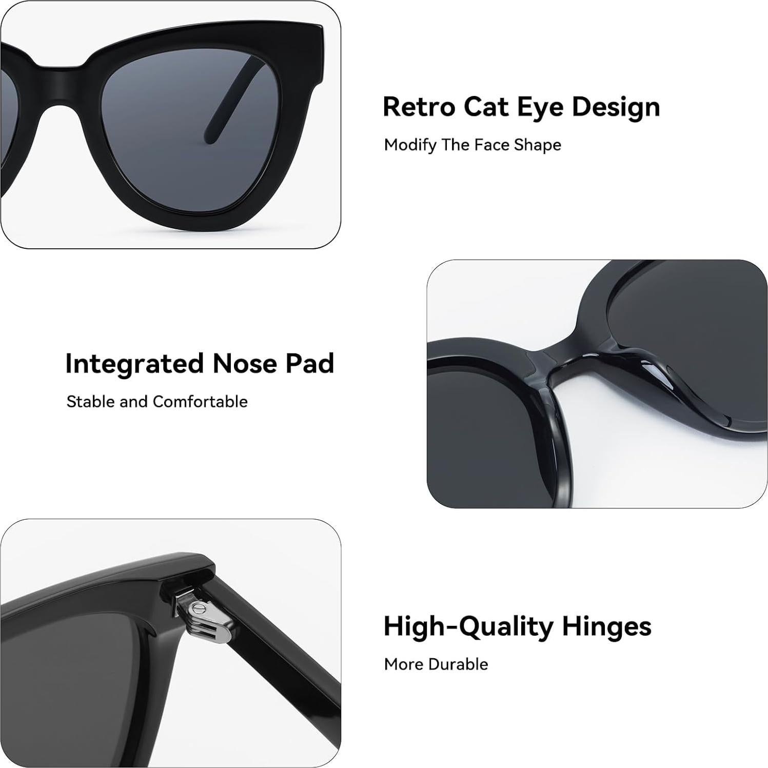 Gafas de sol ojo de gato retro para mujer Marco negro UV400