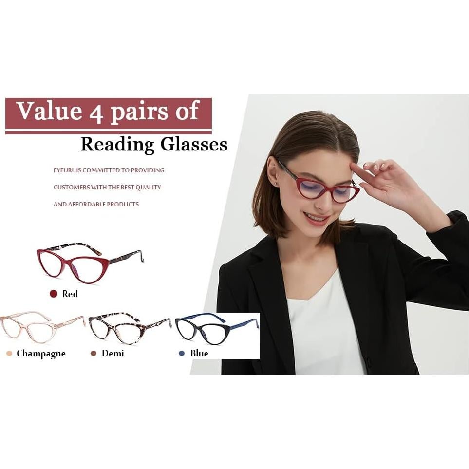 EYEURL 4-Pack Cat Eye Reading Glasses for Women- Blue Light Blocking Readers with Spring Hinges,Anti-Glare/UV Rays Reading Glasses,2.75