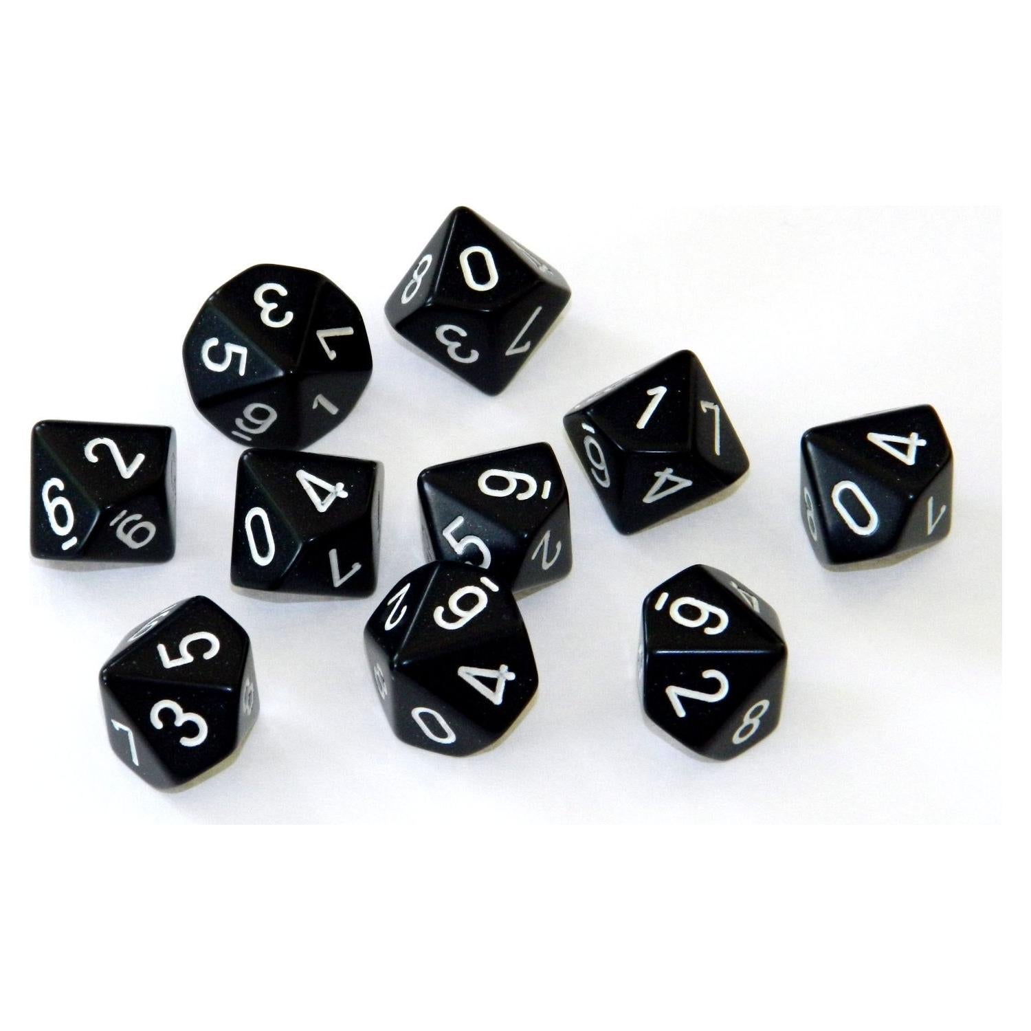Conjunto de Dados Chessex d10 Negro Opaco con Blanco - 10 Piezas
