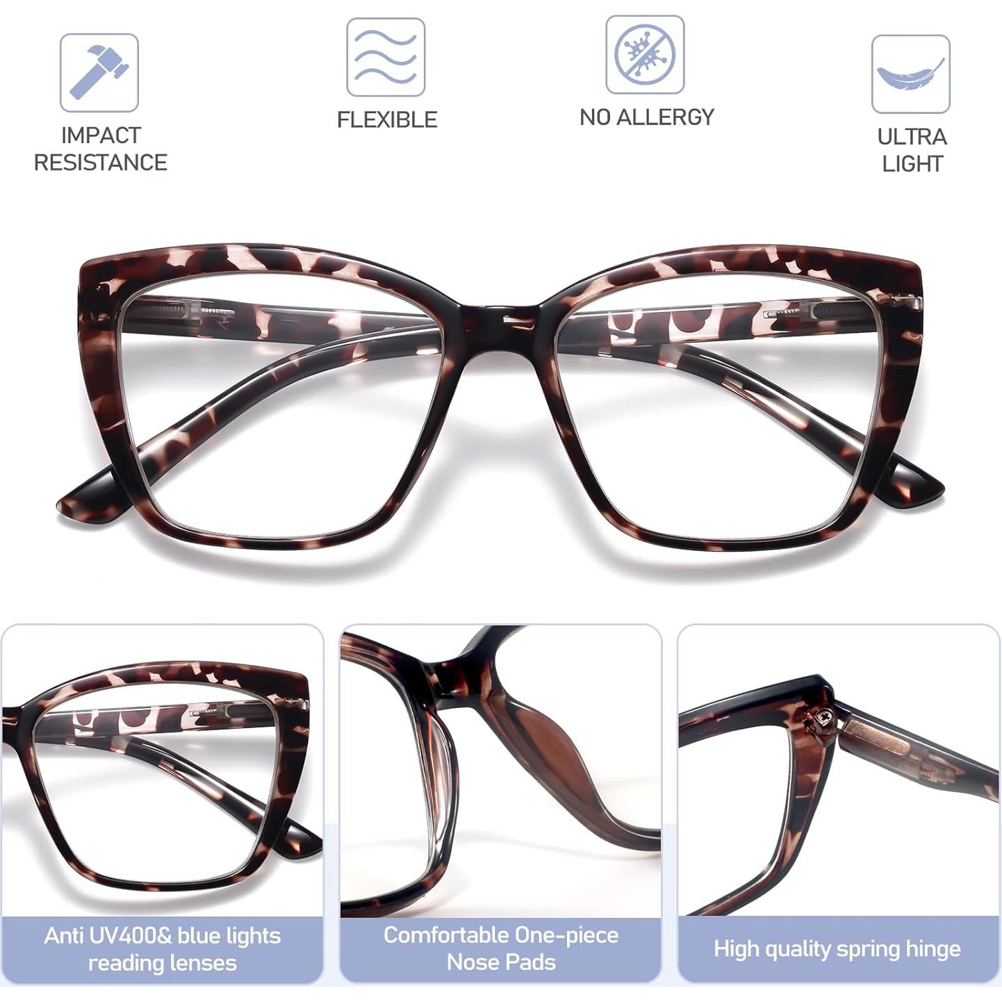Reading Glasses Women, 3 pack Fashion Oversized Blue Light Readers Women, Spring Hinge Cat Eye Glasses Anti Eyestrain