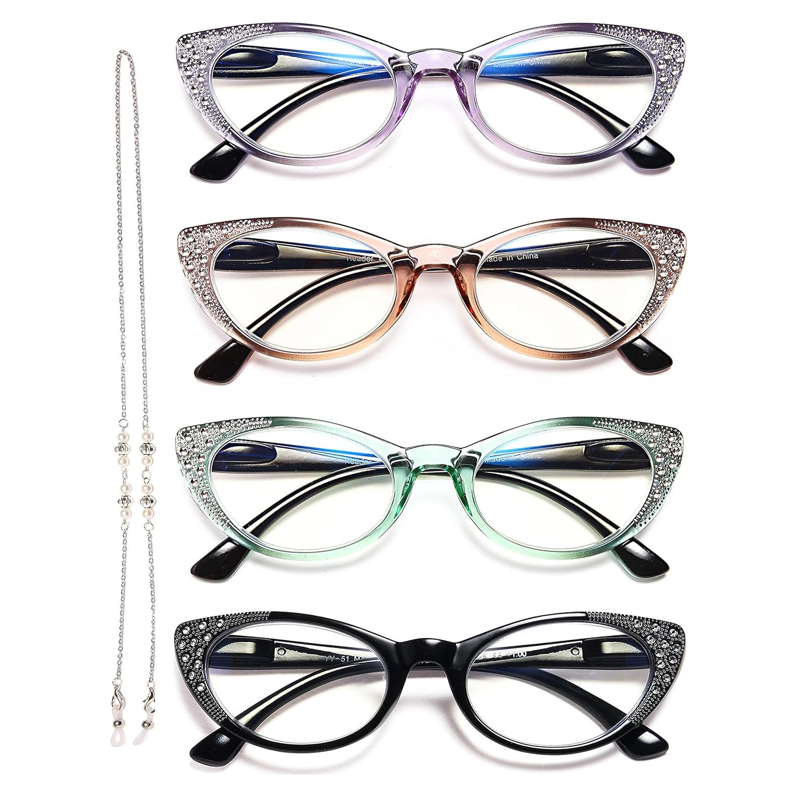 EYEURL Cat Eye Reading Glasses for Women - Blue Light Blocking 4 Pack Ladies Fashion Readers with Flexible Spring Hinges, Anti-Glare&UV Rays +2.25 Eyeglasses, Black/Brown/Green/Purple