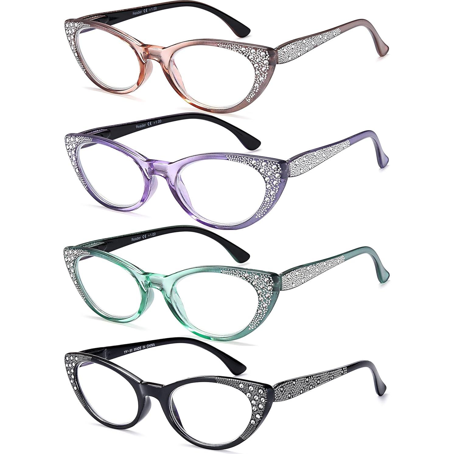 EYEURL Cat Eye Reading Glasses for Women - Blue Light Blocking 4 Pack Ladies Fashion Readers with Flexible Spring Hinges, Anti-Glare&UV Rays +2.25 Eyeglasses, Black/Brown/Green/Purple