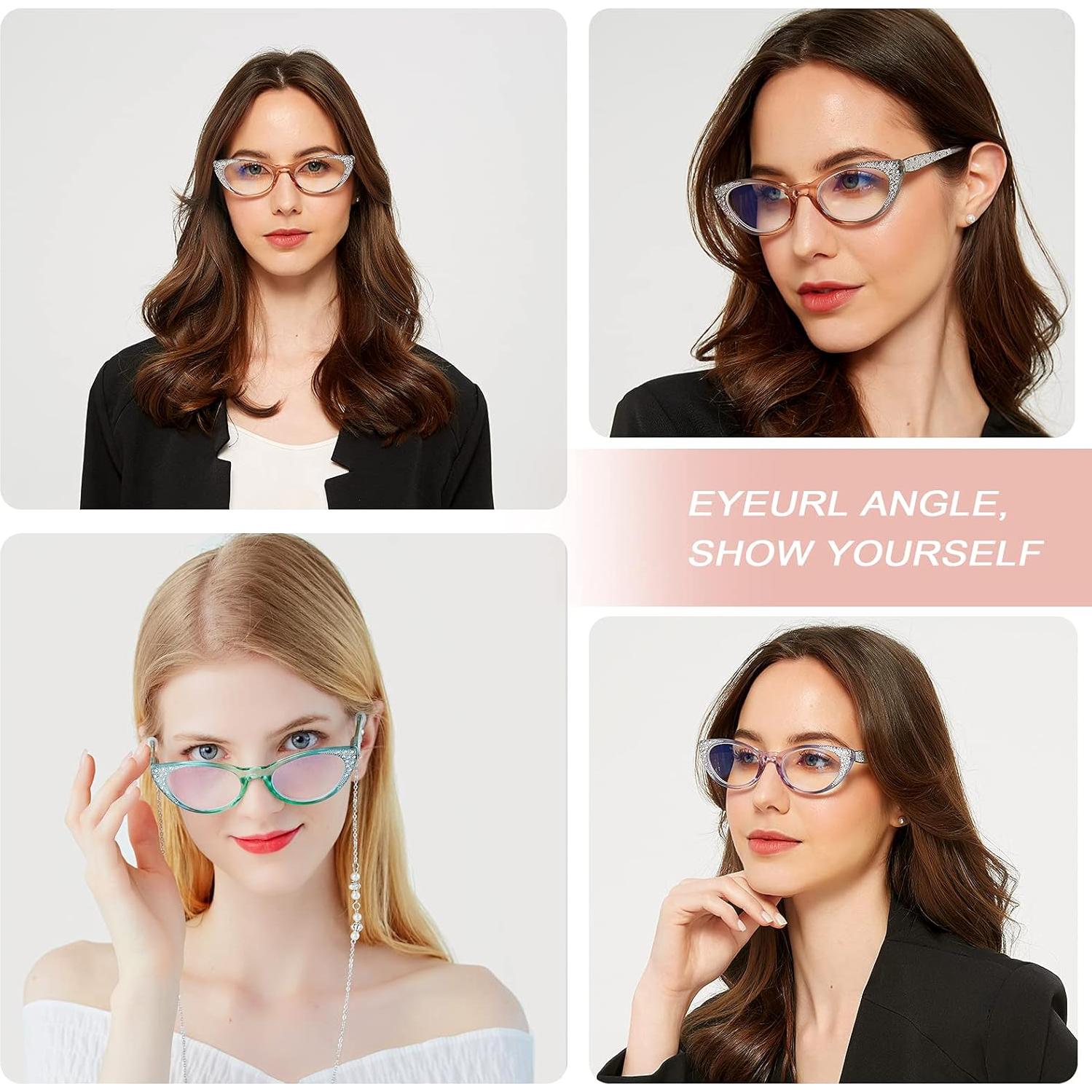 EYEURL Cat Eye Reading Glasses for Women - Blue Light Blocking 4 Pack Ladies Fashion Readers with Flexible Spring Hinges, Anti-Glare&UV Rays +2.25 Eyeglasses, Black/Brown/Green/Purple