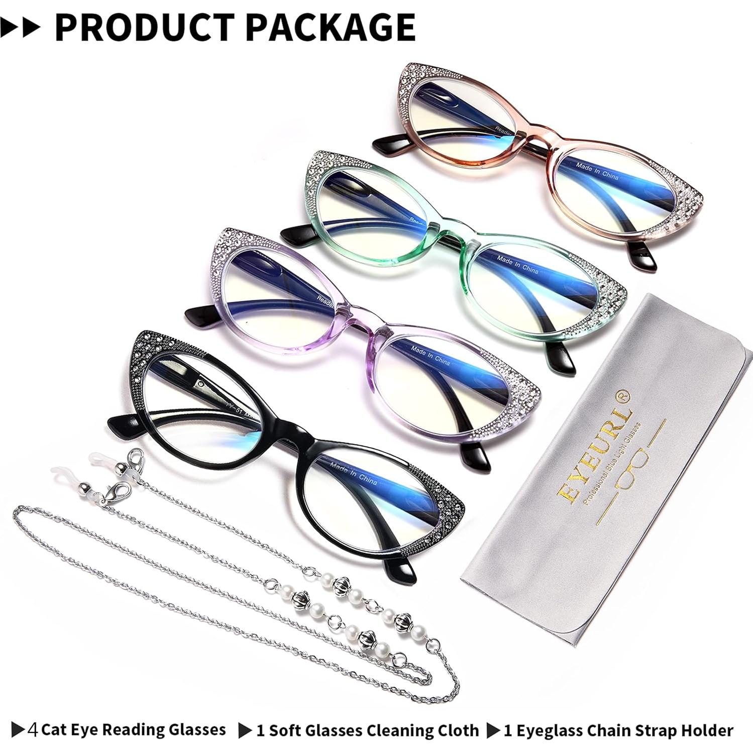 EYEURL Cat Eye Reading Glasses for Women - Blue Light Blocking 4 Pack Ladies Fashion Readers with Flexible Spring Hinges, Anti-Glare&UV Rays +2.25 Eyeglasses, Black/Brown/Green/Purple