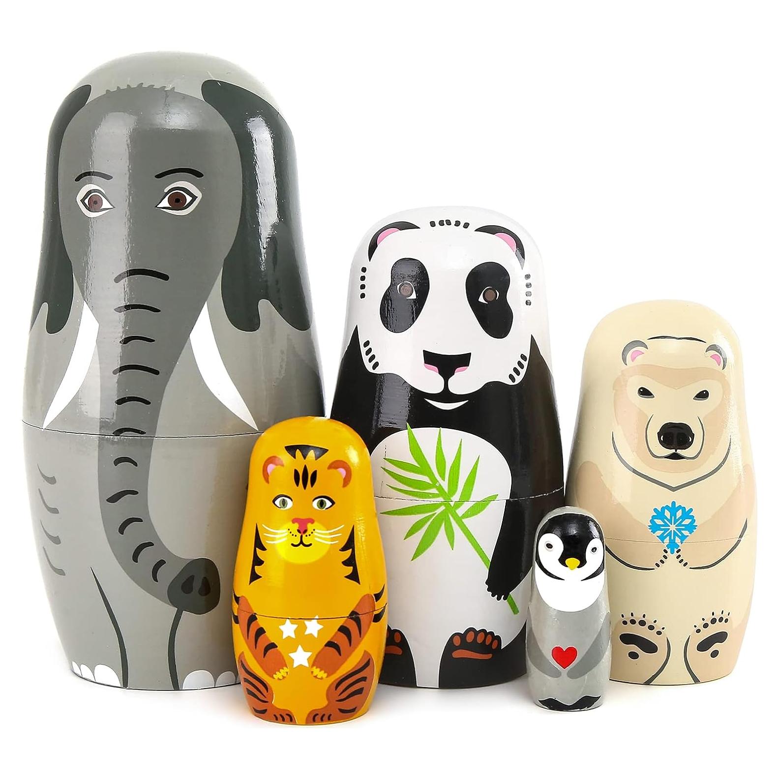 Muñecas Rusas de Madera Moonmo 5 Piezas Elefante Panda
