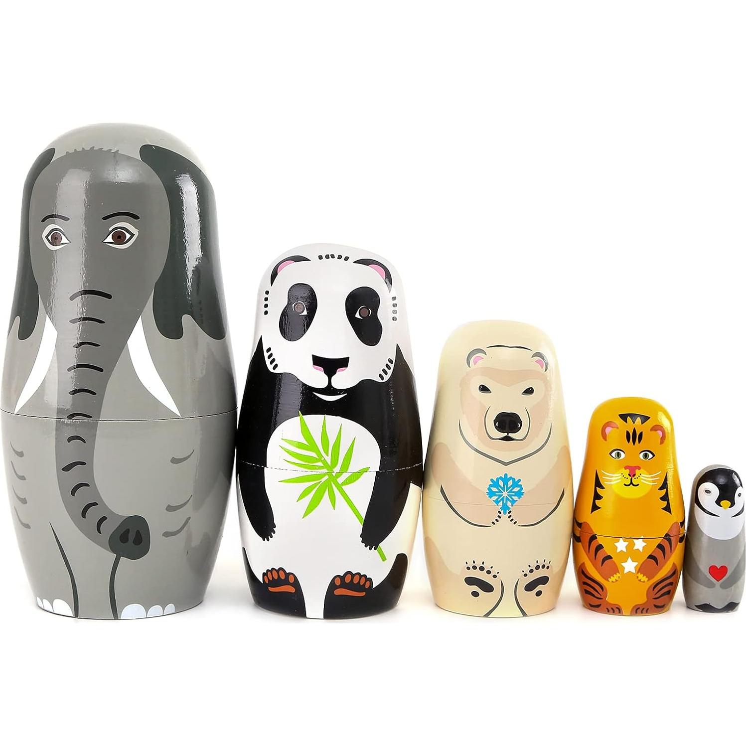 Muñecas Rusas de Madera Moonmo 5 Piezas Elefante Panda
