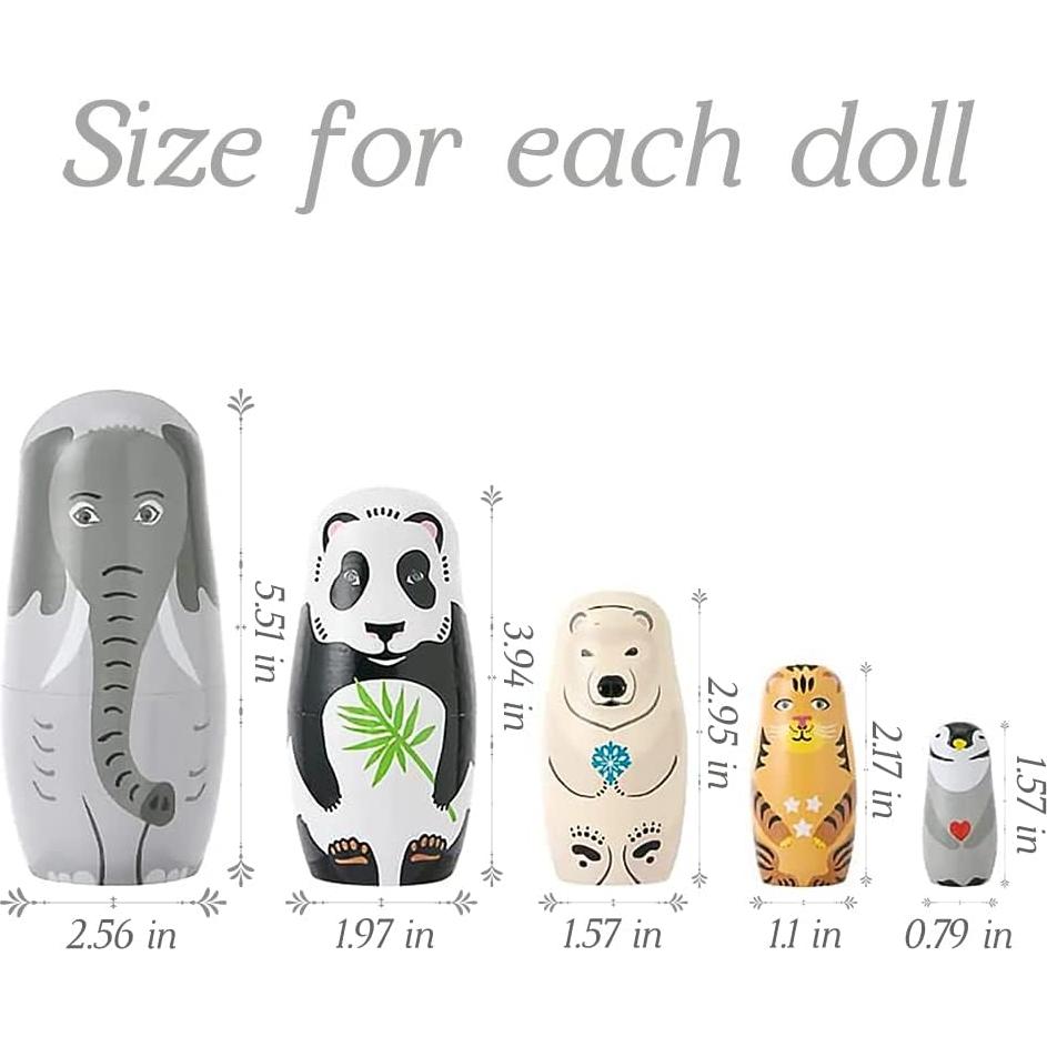 Muñecas Rusas de Madera Moonmo 5 Piezas Elefante Panda