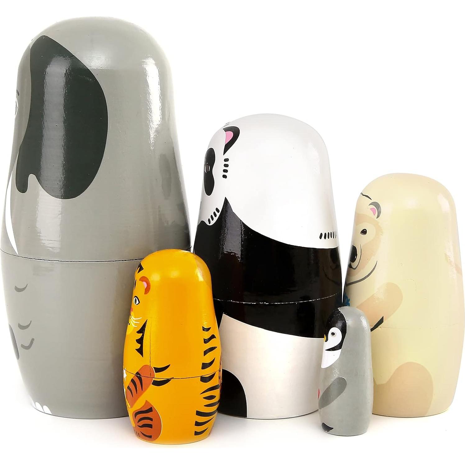 Muñecas Rusas de Madera Moonmo 5 Piezas Elefante Panda