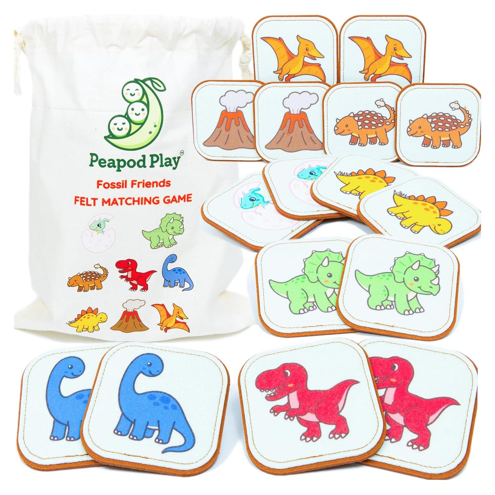 Juego de Emparejamiento de Fieltro Peapod Play - Dinosaurios 16 Tarjetas