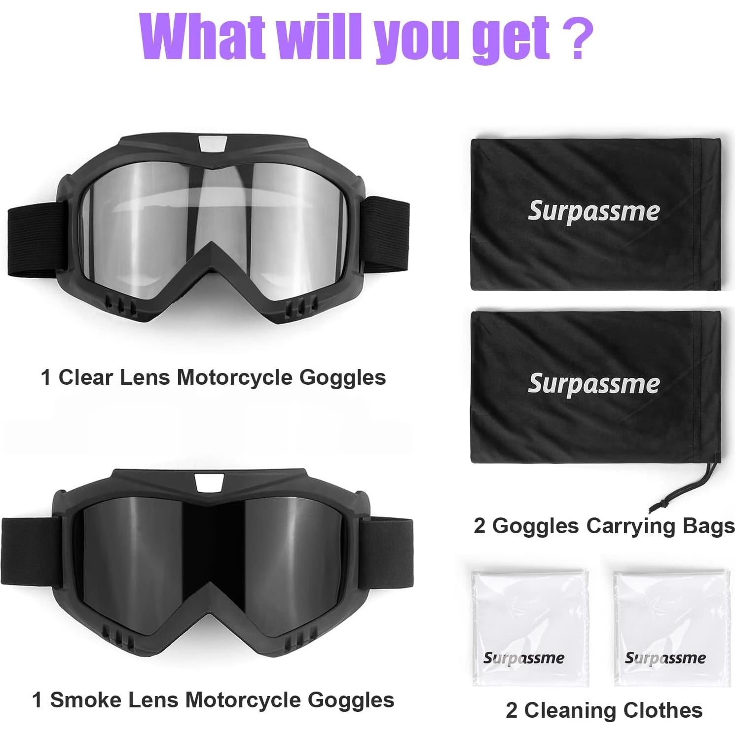 Gafas de Motociclismo Surpassme 2 Lentes Claras y Ahumadas