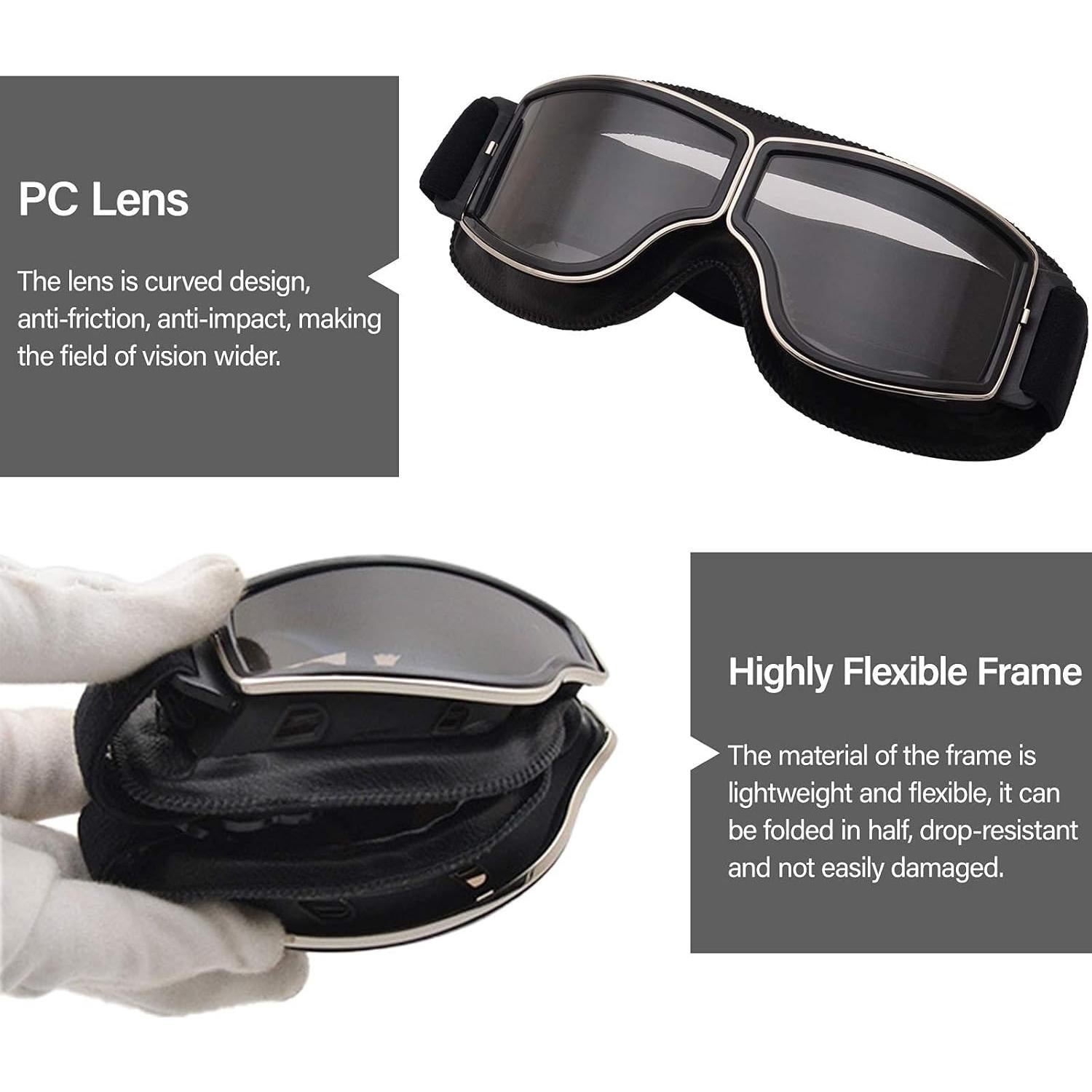 Gafas de Moto Vintage Peicees con Lentes Negros y Marco Claro