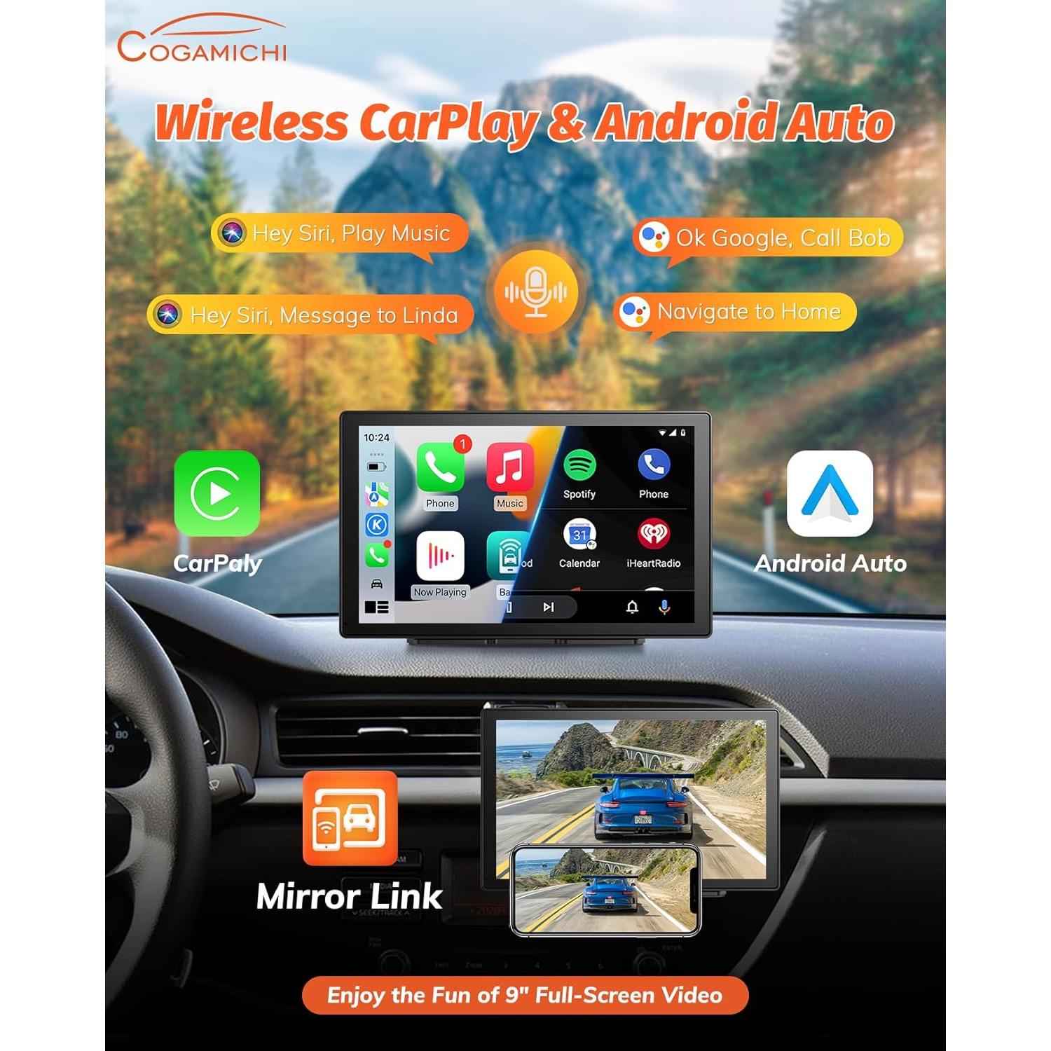 Pantalla Portátil para Coche 9" Cogamichi Carplay Inalámbrico