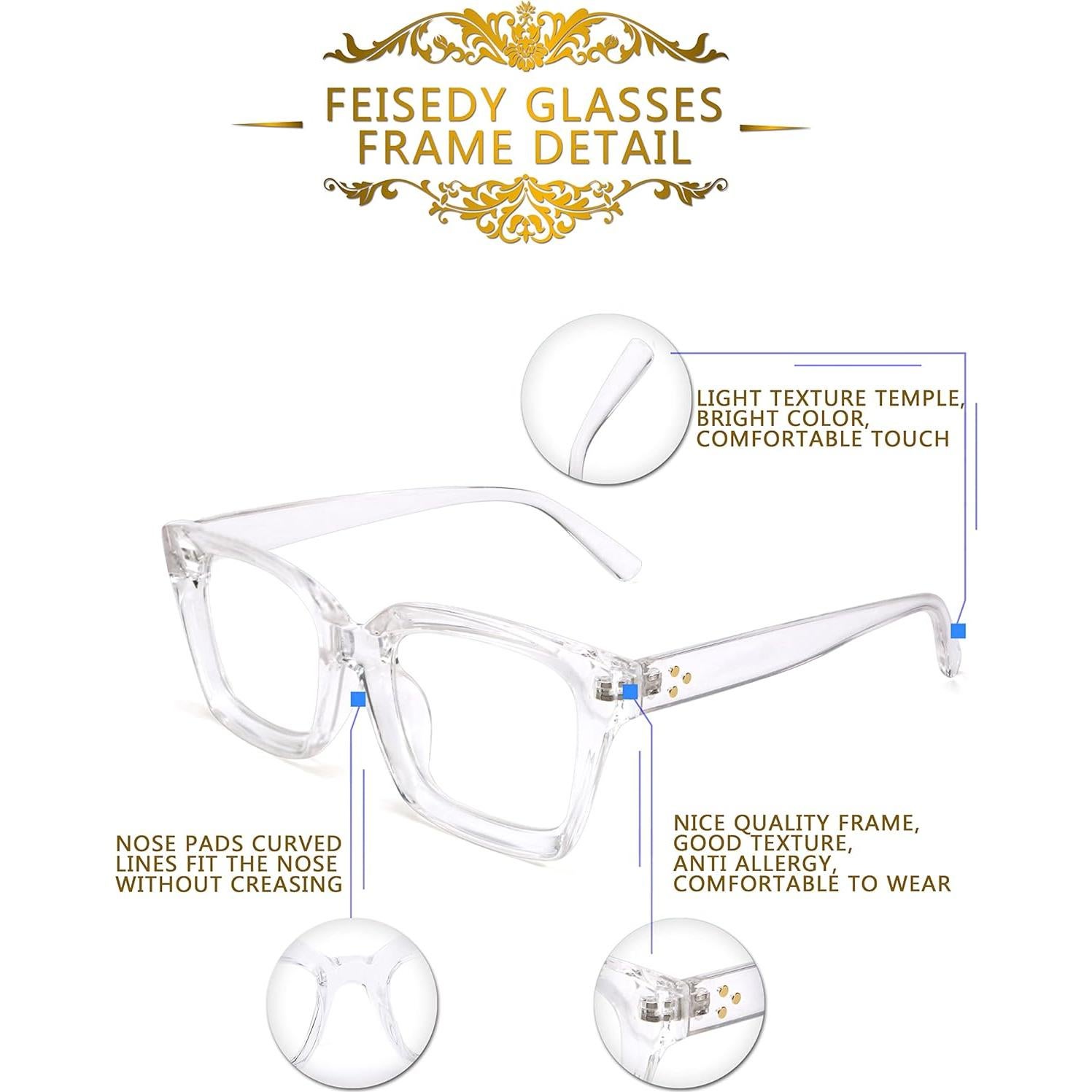 Gafas Cuadradas FEISEDY para Mujeres - Lentes Claros 50mm