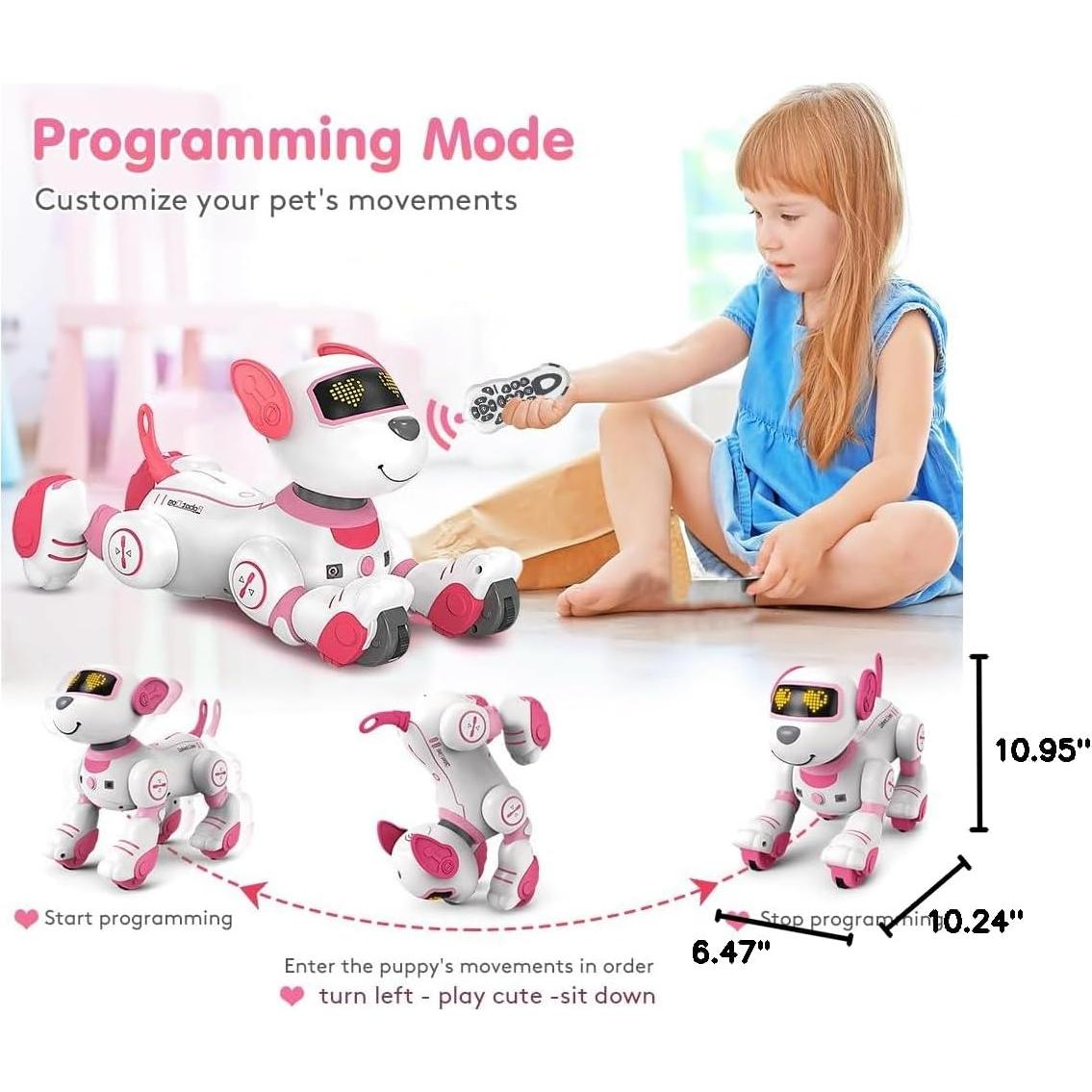 VATOS Perro Robot Interactivo Rosa 17 Funciones RC 14cm