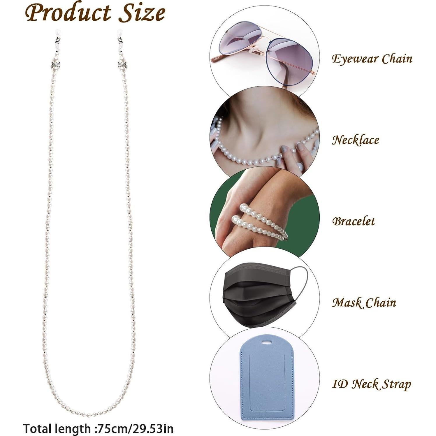 Cadena de Gafas de Perlas ABS Blanca 75 cm Soporte Gafas