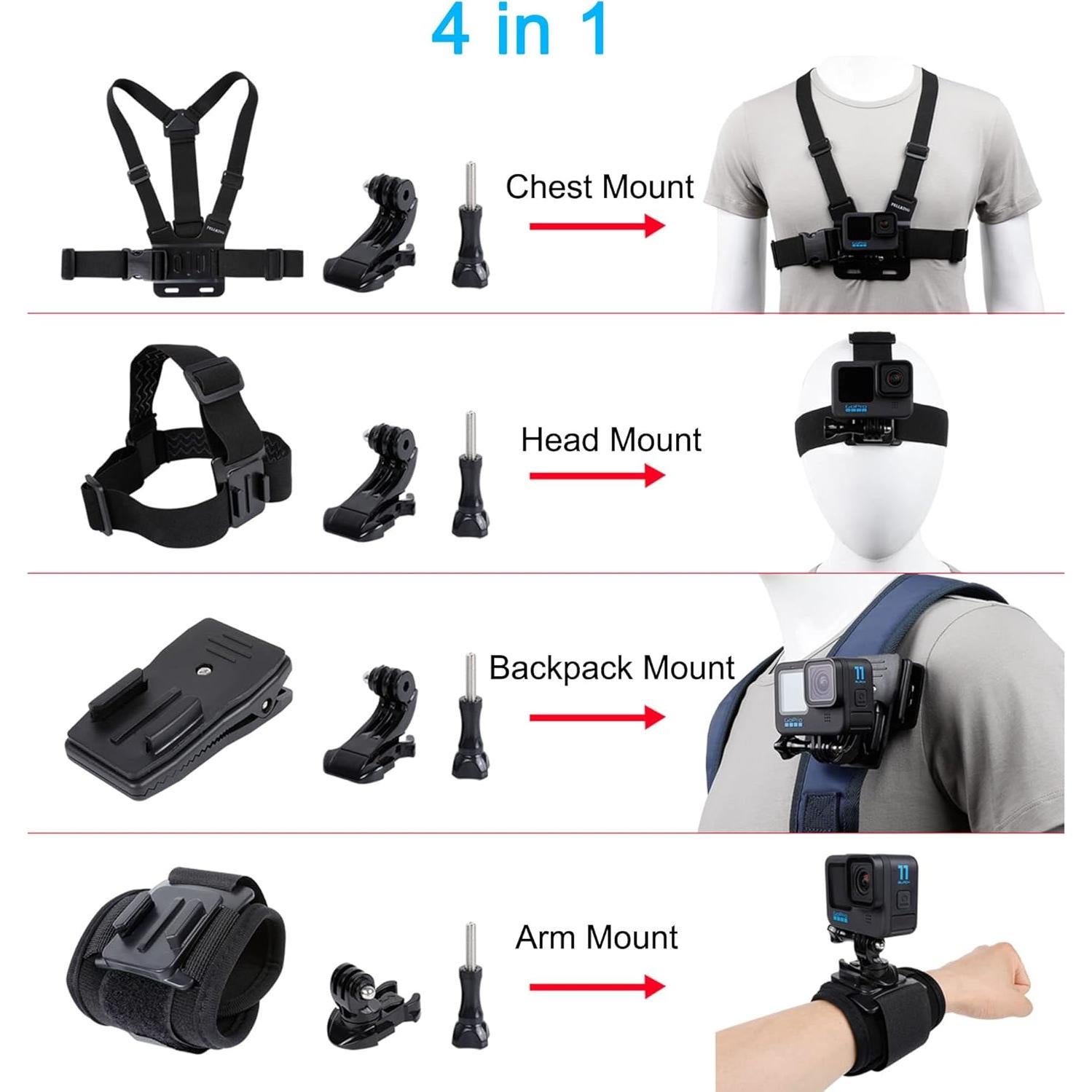 Juego de Accesorios GoPro PellKing PK-CDS + Soporte y Correas