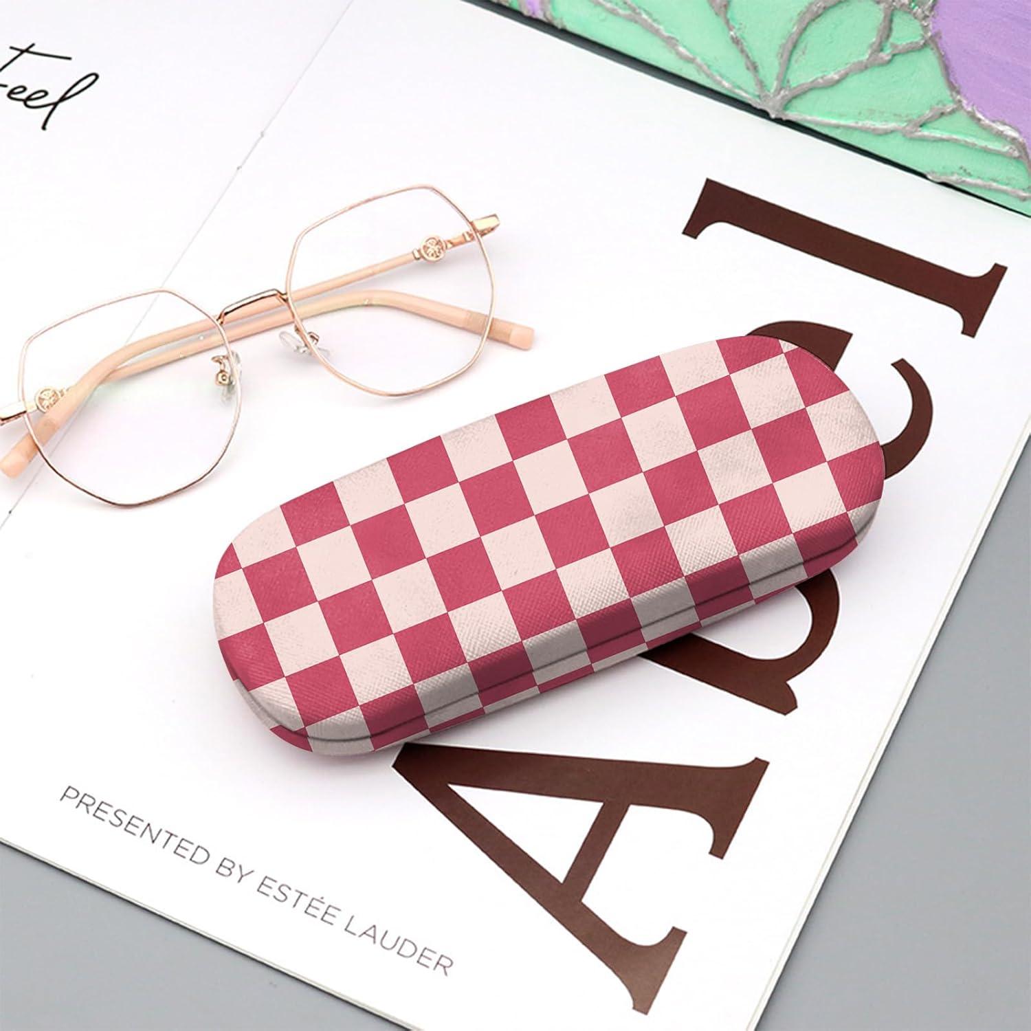 Estuche para Gafas Duro PU Rosa Cuadrícula con Paño