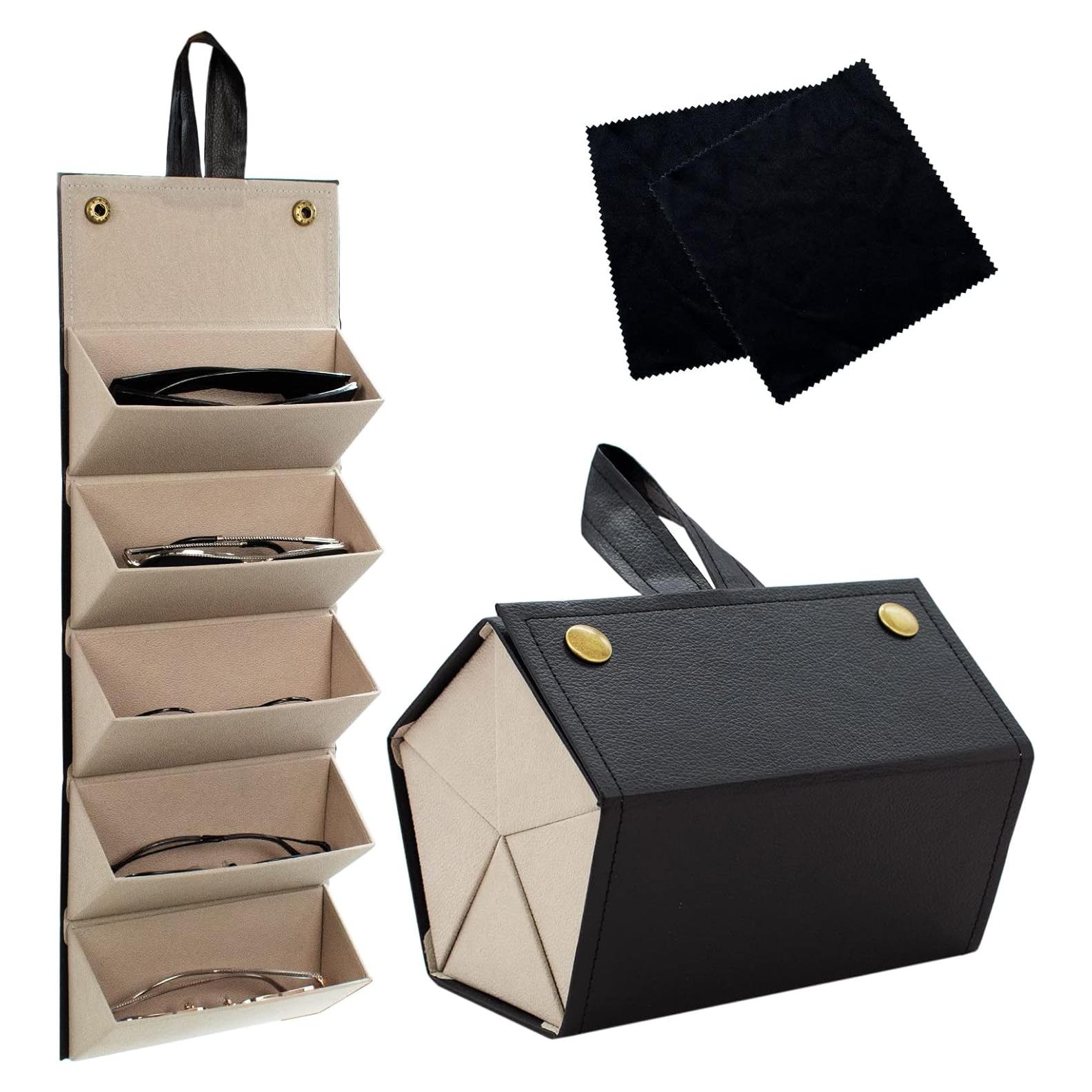 Organizador de Gafas de Sol PU Negro 5 Ranuras y 2 Paños