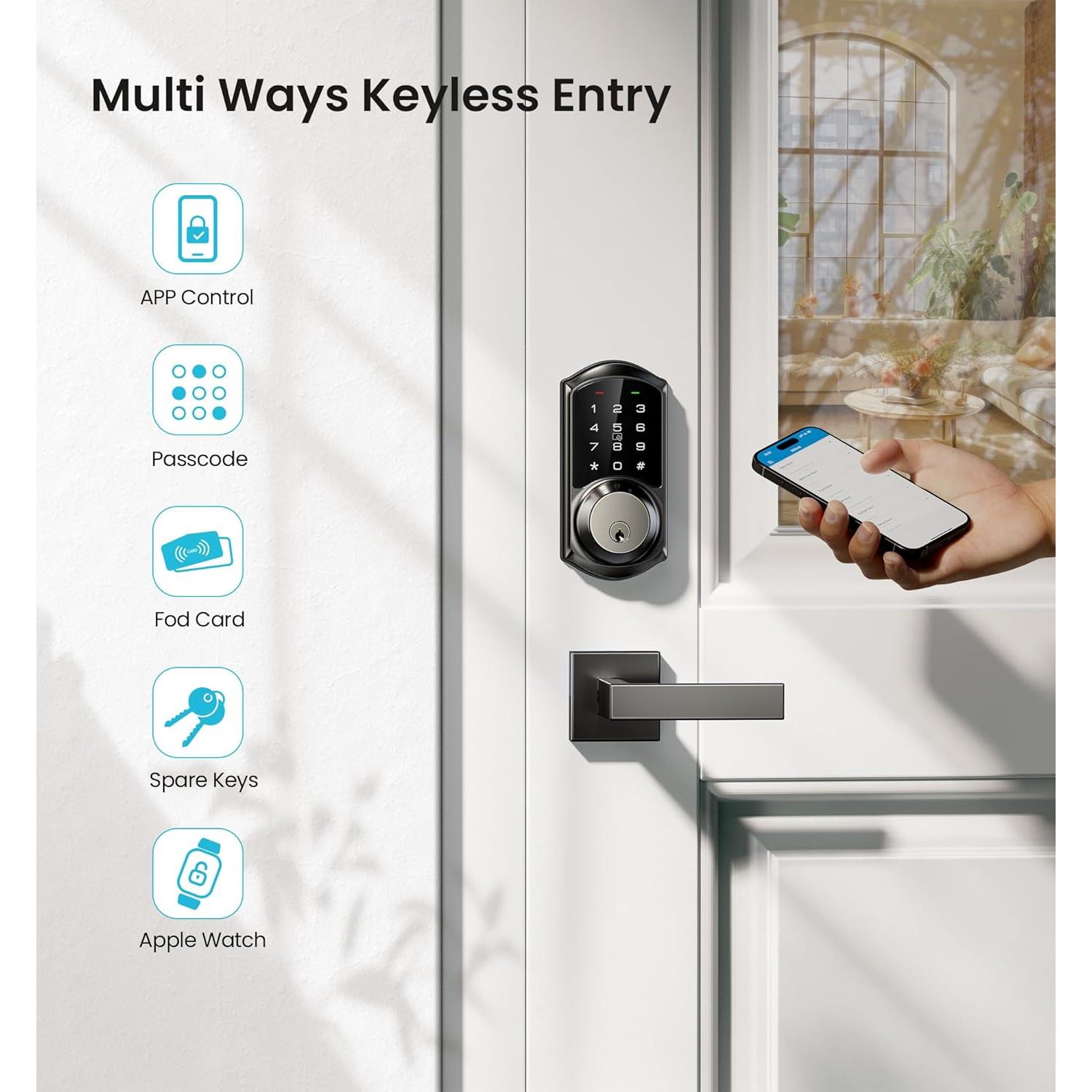 Cerradura Inteligente Veise VE06-L con Manijas, Control App, Negro Mate